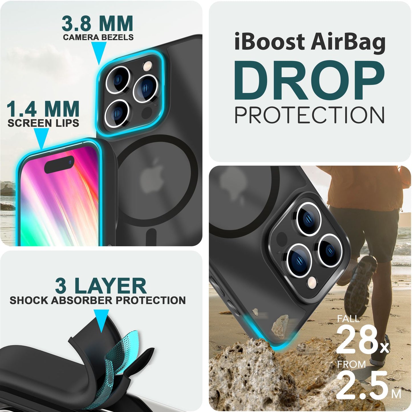 MagSafe Hybrid hulstur fyrir iPhone 15 Pro, hörð hulstur með frosti og verndarbrún.