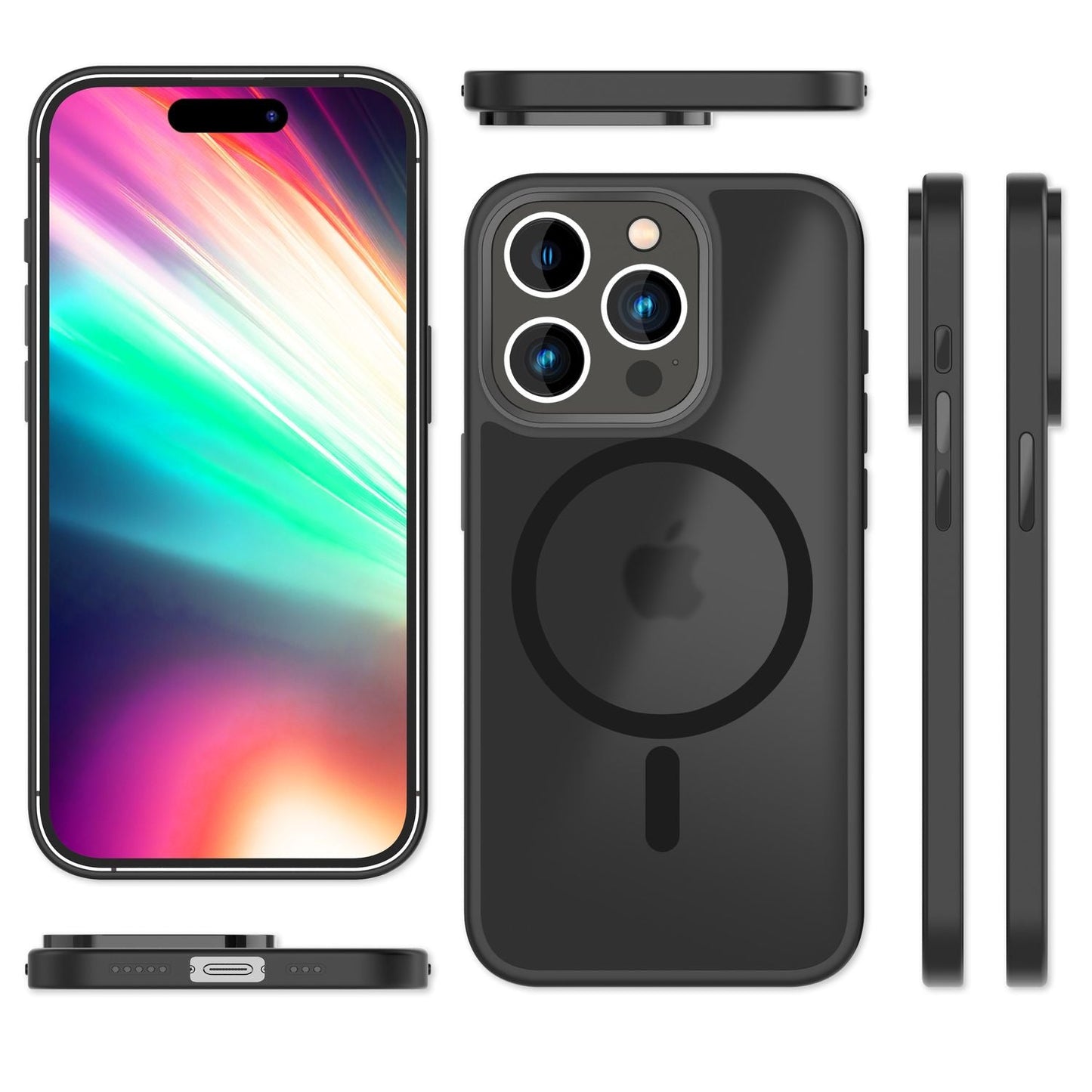 MagSafe Hybrid hulstur fyrir iPhone 15 Pro, hörð hulstur með frosti og verndarbrún.