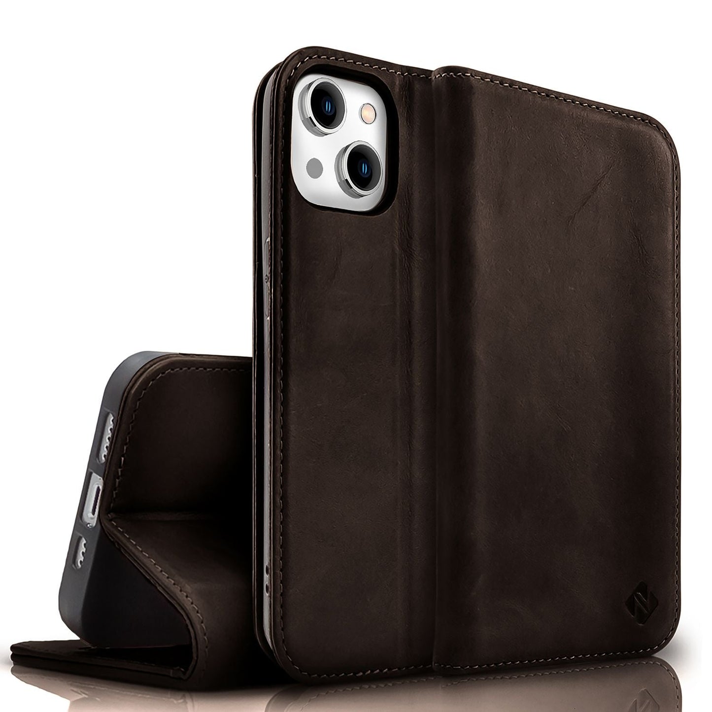 NALIA Genuine Leather Flip Case for iPhone 15, Cowhide Leather Protective Case with RFID Protection, Stand Function, Foldable