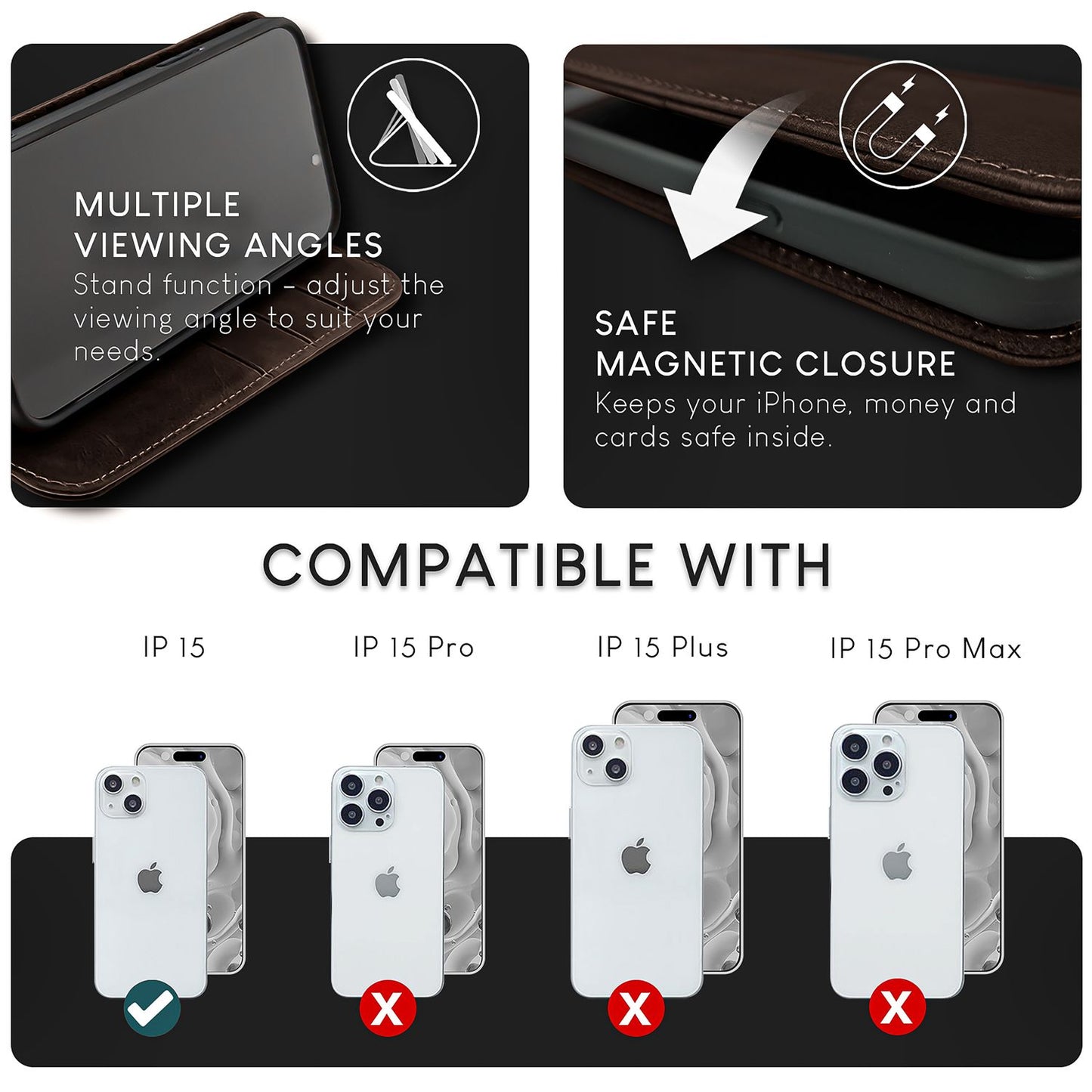 NALIA Genuine Leather Flip Case for iPhone 15, Cowhide Leather Protective Case with RFID Protection, Stand Function, Foldable