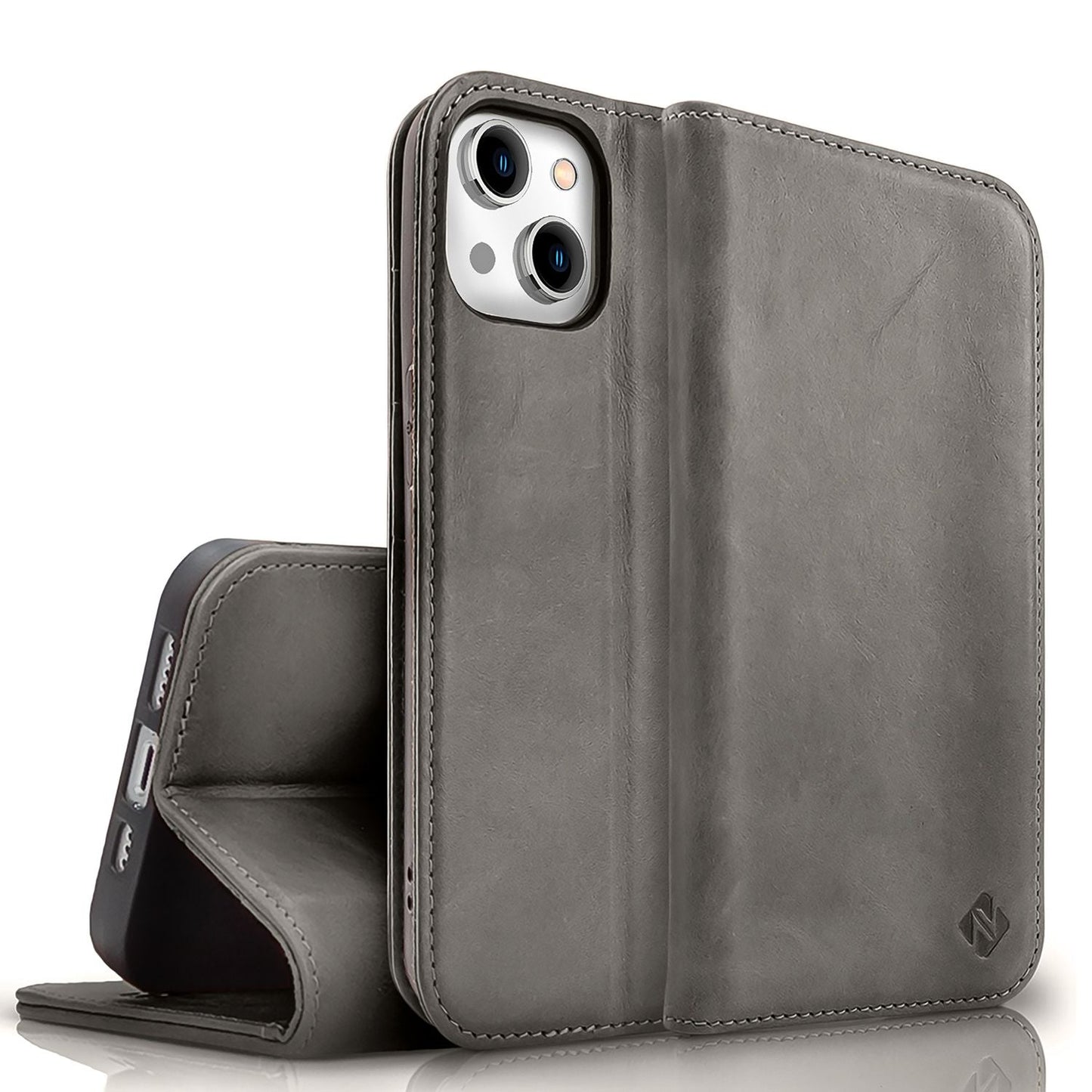 NALIA Genuine Leather Flip Case for iPhone 15, Cowhide Leather Protective Case with RFID Protection, Stand Function, Foldable