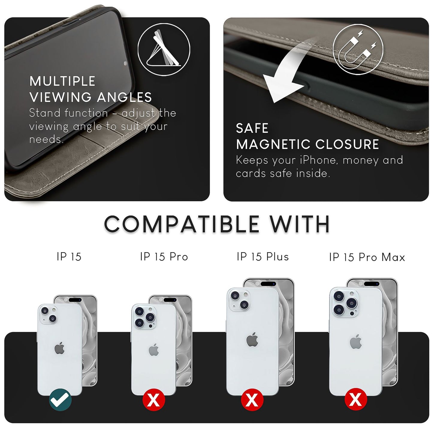 NALIA Genuine Leather Flip Case for iPhone 15, Cowhide Leather Protective Case with RFID Protection, Stand Function, Foldable