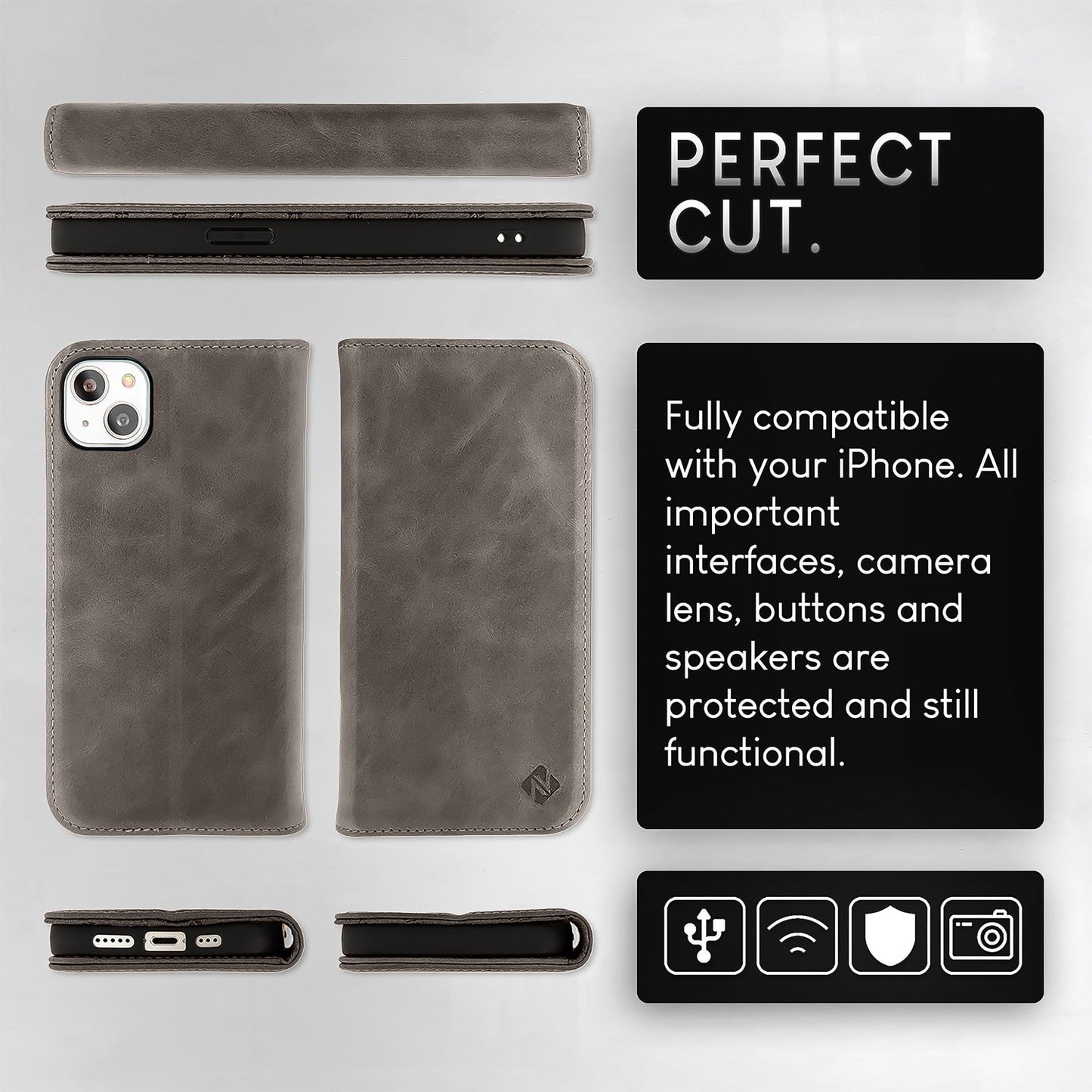 NALIA Genuine Leather Flip Case for iPhone 15, Cowhide Leather Protective Case with RFID Protection, Stand Function, Foldable