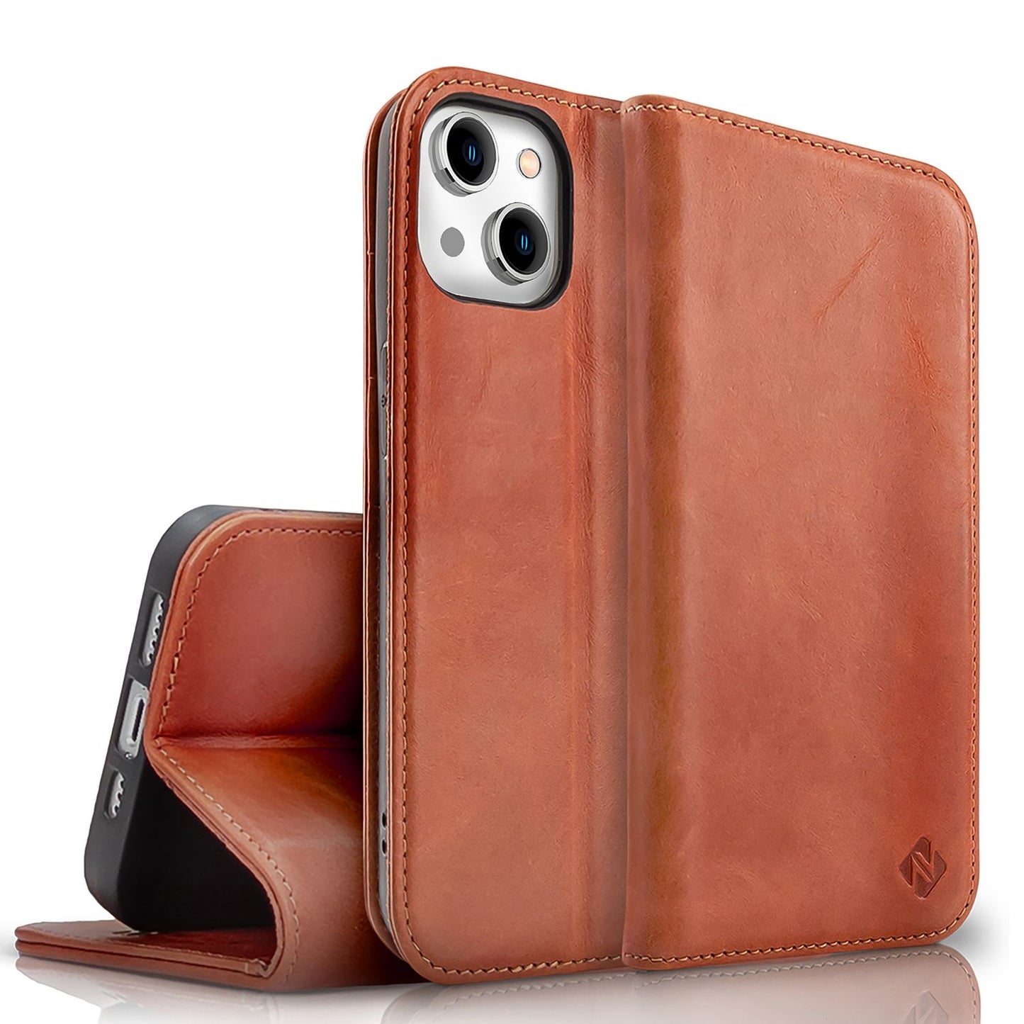 NALIA Genuine Leather Flip Case for iPhone 15, Cowhide Leather Protective Case with RFID Protection, Stand Function, Foldable