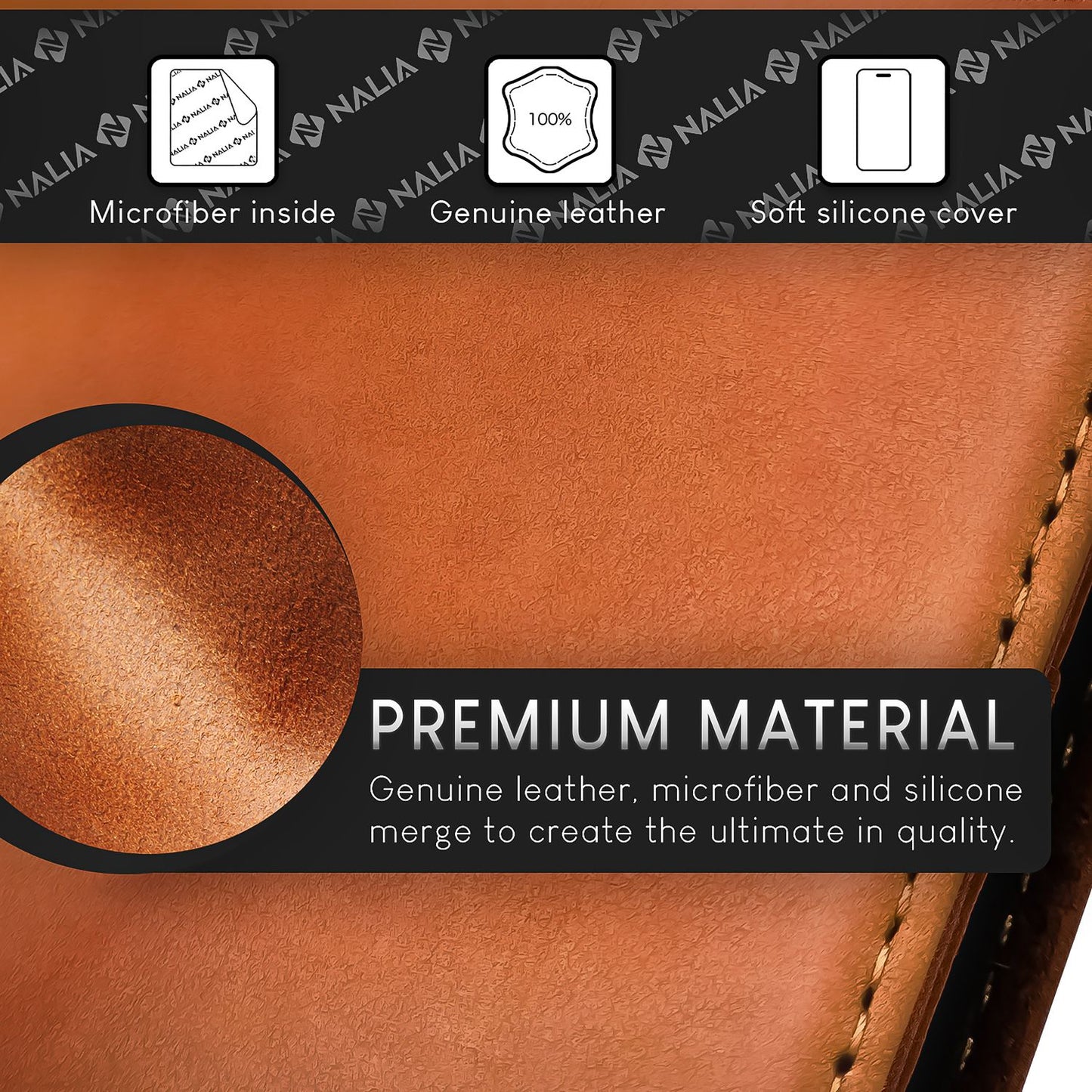 NALIA Genuine Leather Flip Case for iPhone 15, Cowhide Leather Protective Case with RFID Protection, Stand Function, Foldable