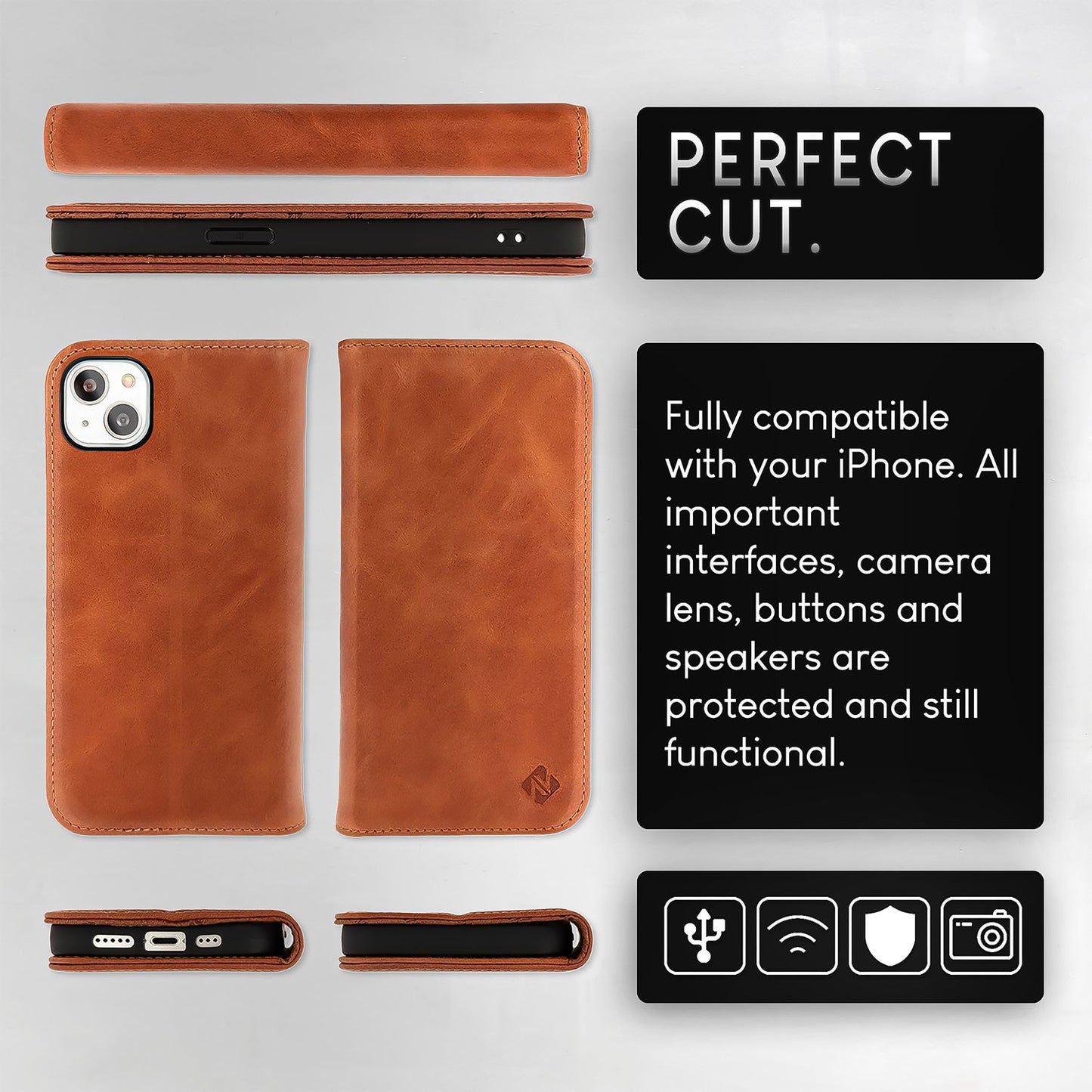 NALIA Genuine Leather Flip Case for iPhone 15, Cowhide Leather Protective Case with RFID Protection, Stand Function, Foldable