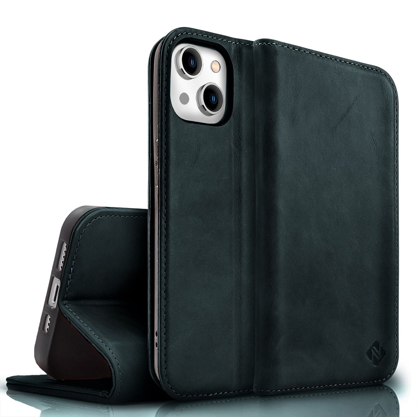NALIA Genuine Leather Flip Case for iPhone 15, Cowhide Leather Protective Case with RFID Protection, Stand Function, Foldable