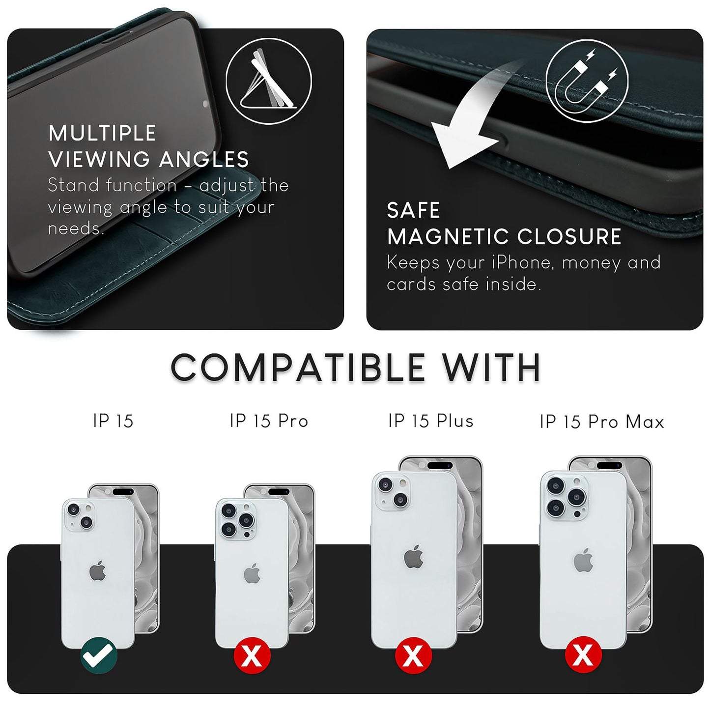 NALIA Genuine Leather Flip Case for iPhone 15, Cowhide Leather Protective Case with RFID Protection, Stand Function, Foldable