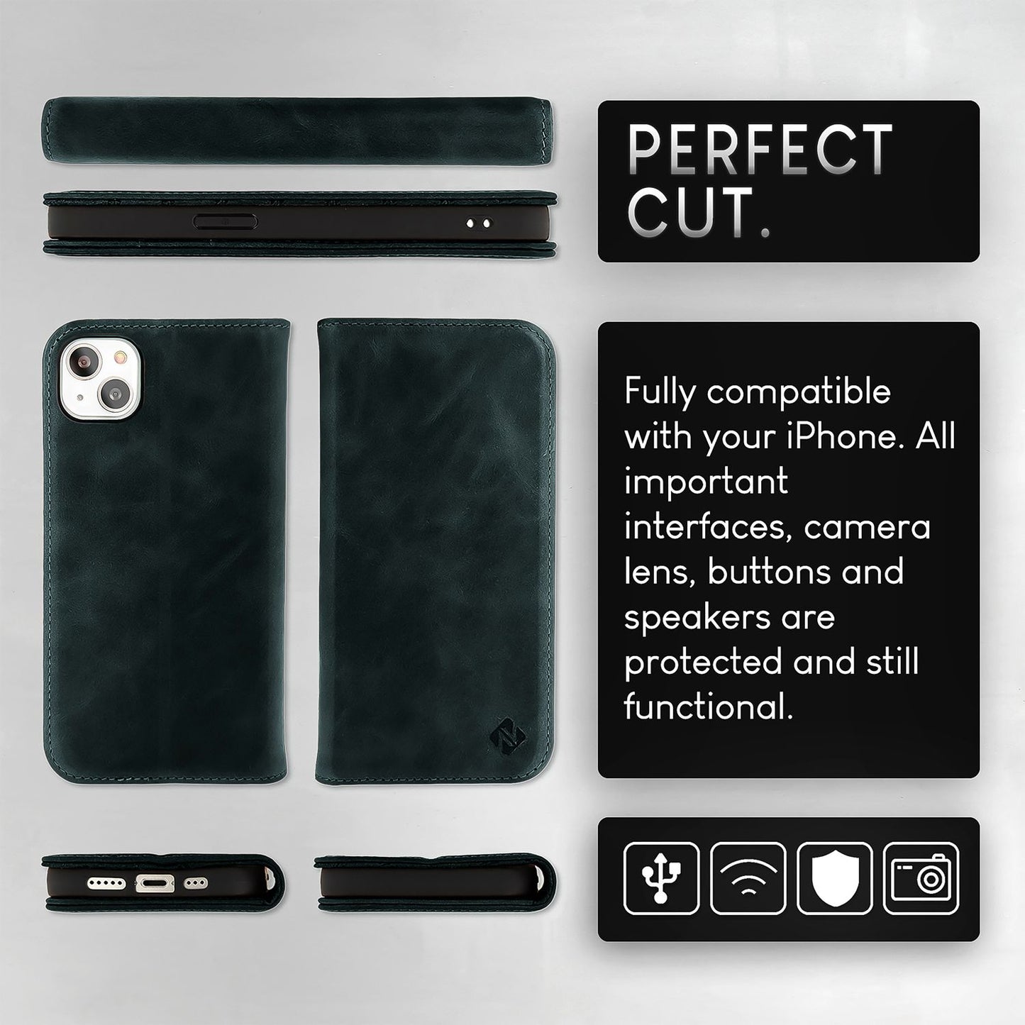 NALIA Genuine Leather Flip Case for iPhone 15, Cowhide Leather Protective Case with RFID Protection, Stand Function, Foldable