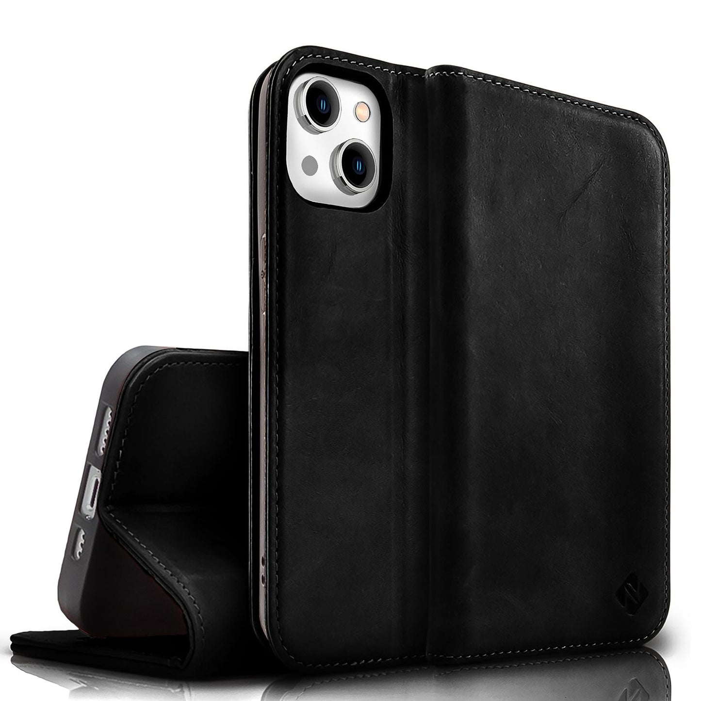 NALIA Genuine Leather Flip Case for iPhone 15, Cowhide Leather Protective Case with RFID Protection, Stand Function, Foldable