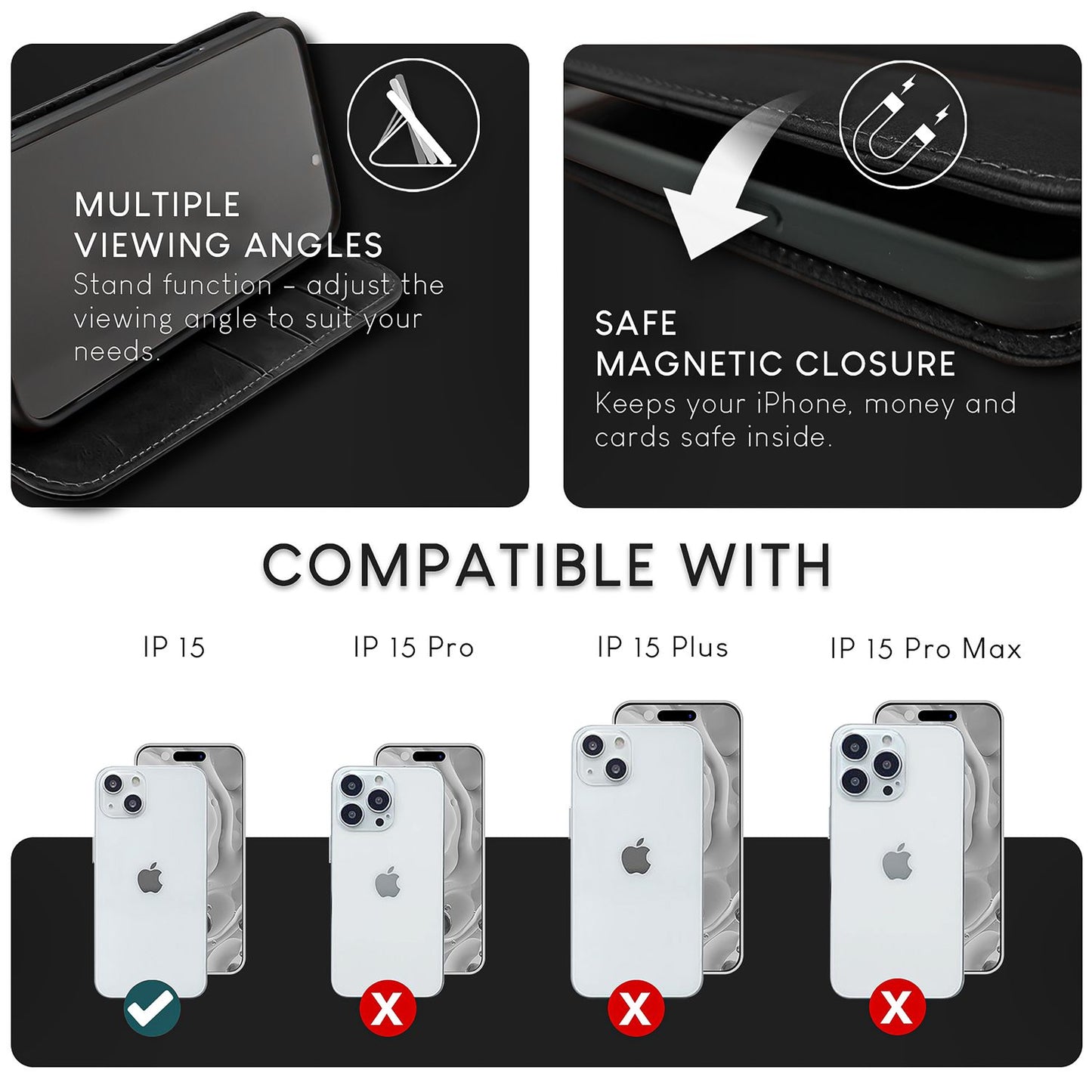 NALIA Genuine Leather Flip Case for iPhone 15, Cowhide Leather Protective Case with RFID Protection, Stand Function, Foldable