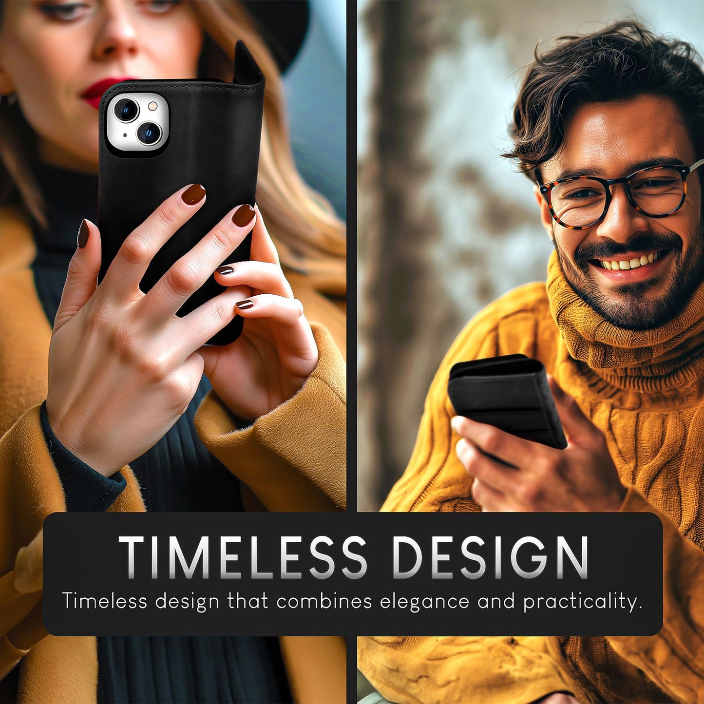 NALIA leðurhulstur fyrir iPhone 15 Plus, hlífðarhulstur úr kúaleðri með RFID vörn, standandi og samanbrjótanlegt