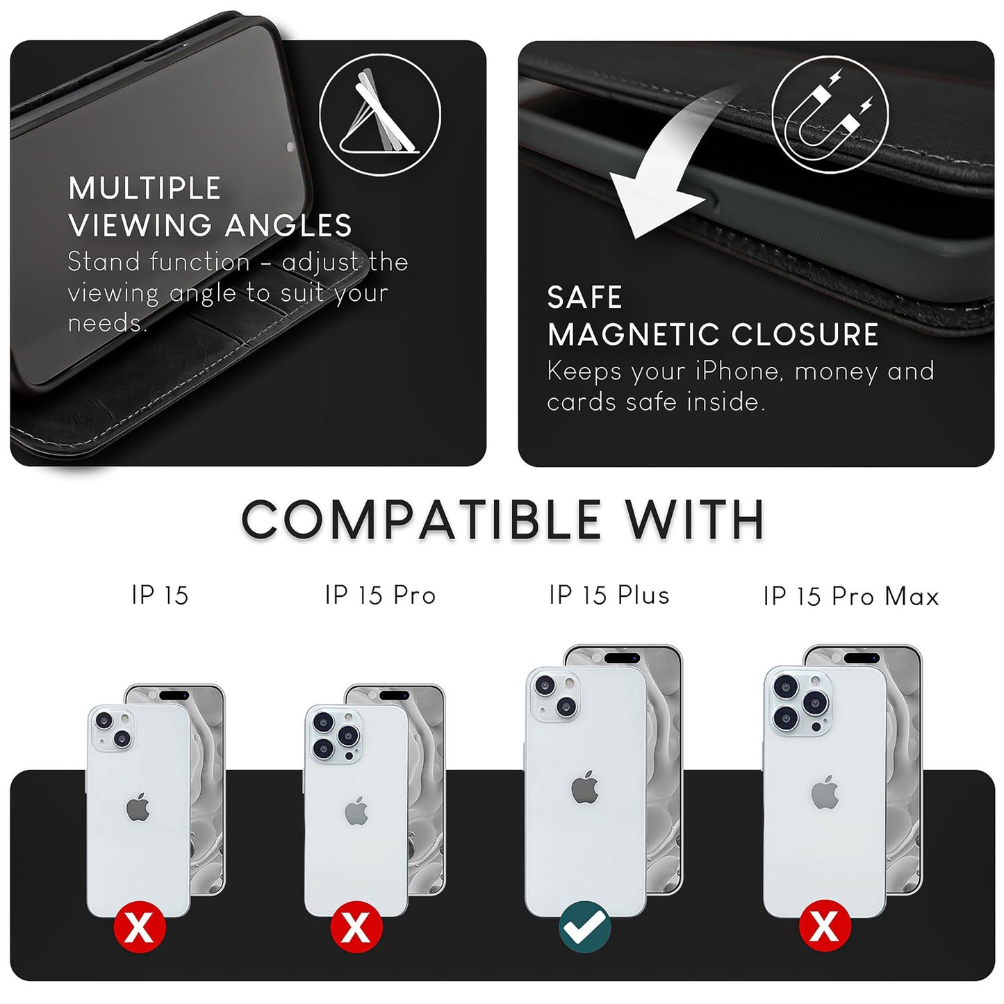 NALIA leðurhulstur fyrir iPhone 15 Plus, hlífðarhulstur úr kúaleðri með RFID vörn, standandi og samanbrjótanlegt