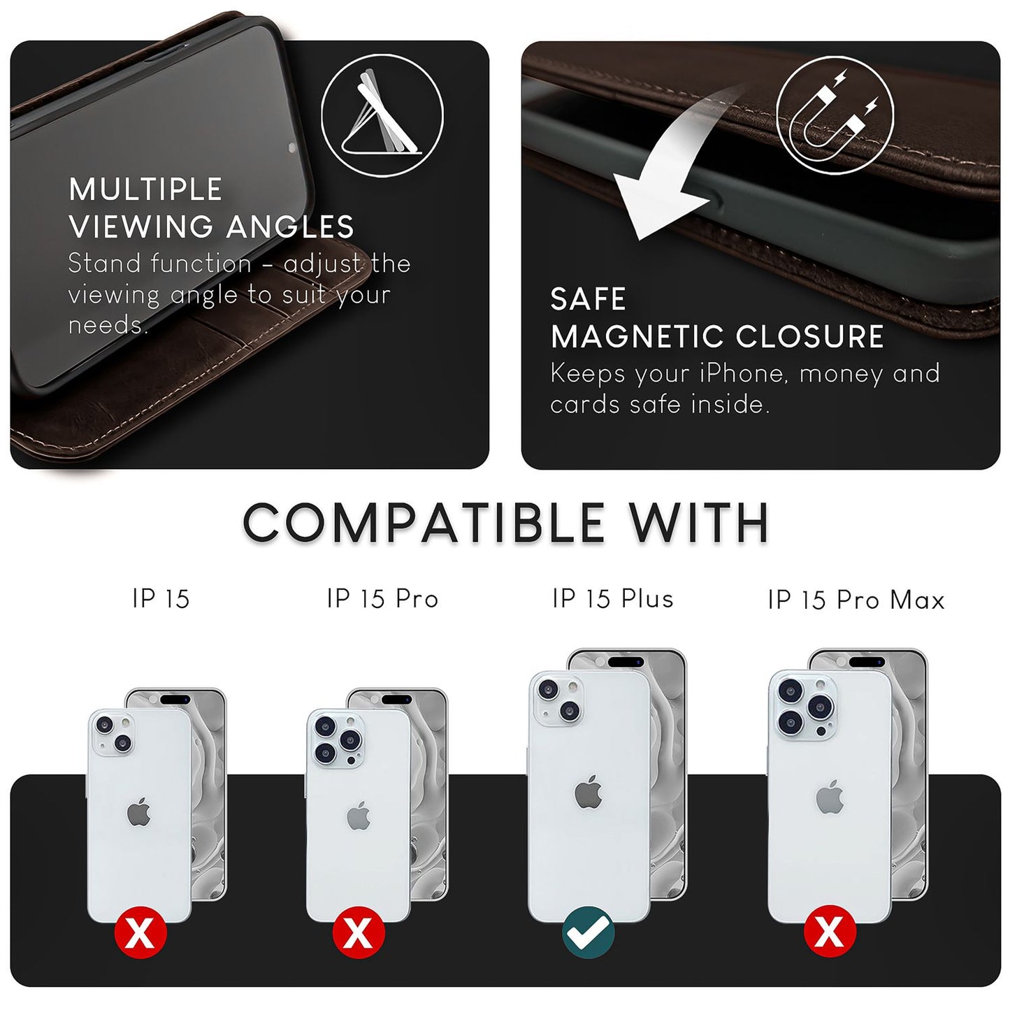 NALIA leðurhulstur fyrir iPhone 15 Plus, hlífðarhulstur úr kúaleðri með RFID vörn, standandi og samanbrjótanlegt