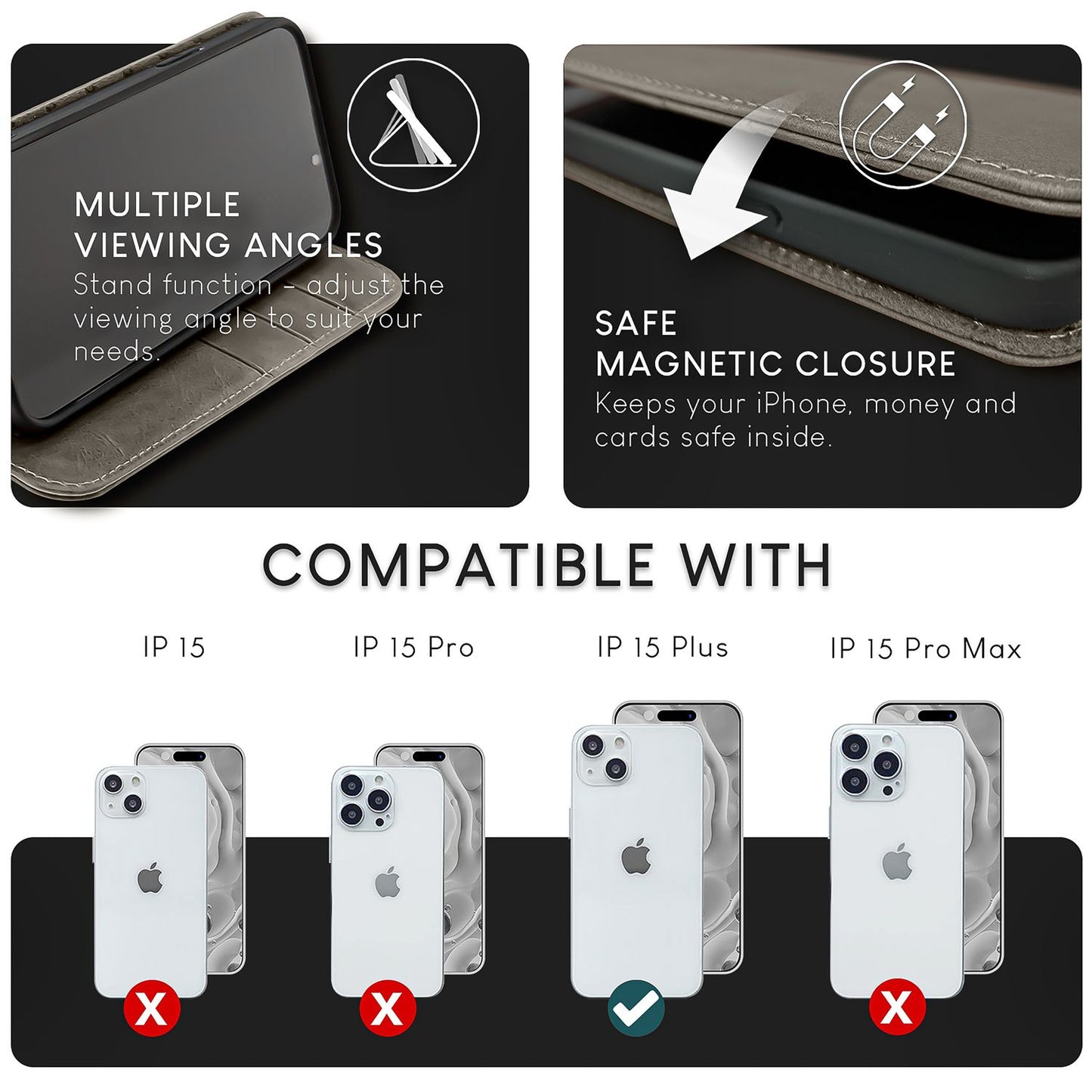 NALIA leðurhulstur fyrir iPhone 15 Plus, hlífðarhulstur úr kúaleðri með RFID vörn, standandi og samanbrjótanlegt