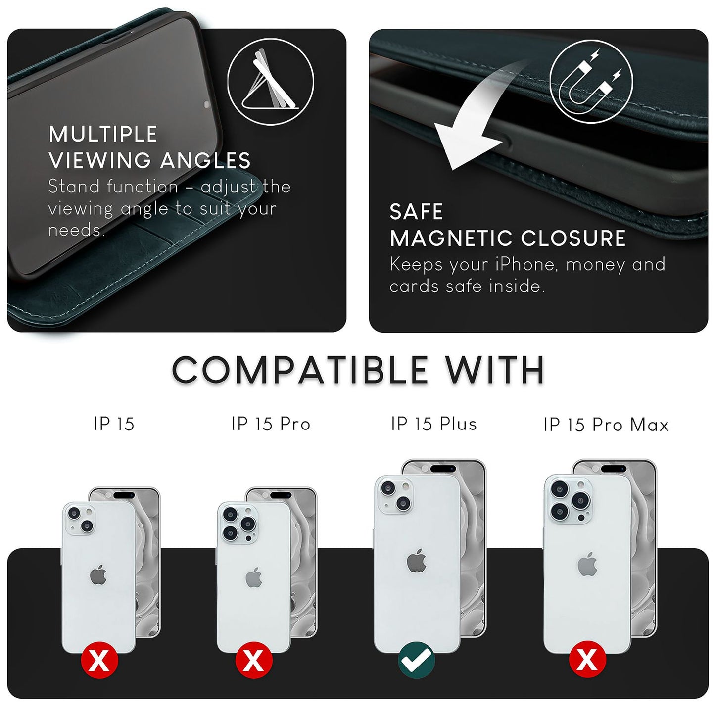 NALIA leðurhulstur fyrir iPhone 15 Plus, hlífðarhulstur úr kúaleðri með RFID vörn, standandi og samanbrjótanlegt