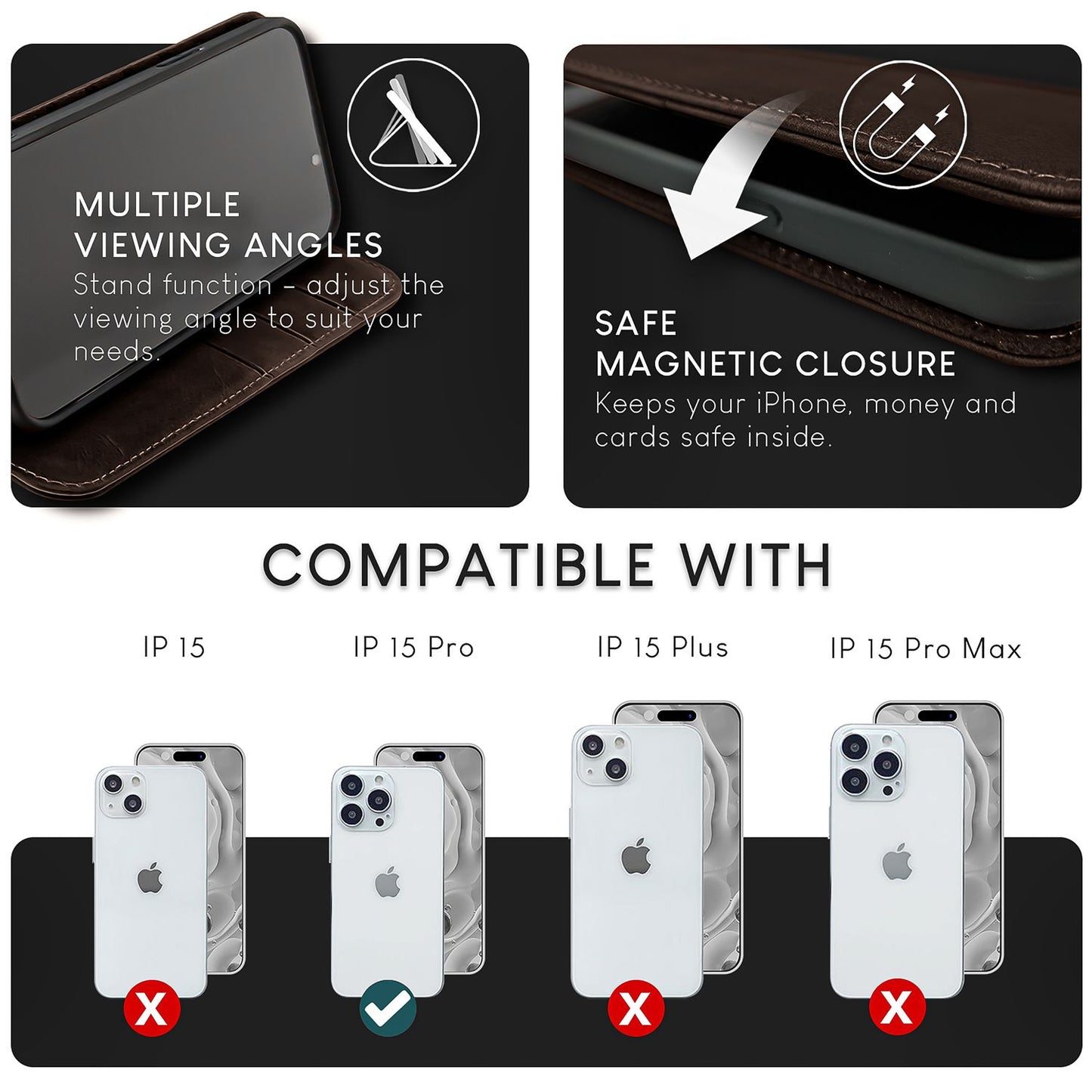 NALIA Echt-Leder Flipcase für iPhone 15 Pro Hülle, Rindsleder Schutzhülle RFID-Schutz Lederhülle Aufstellbar