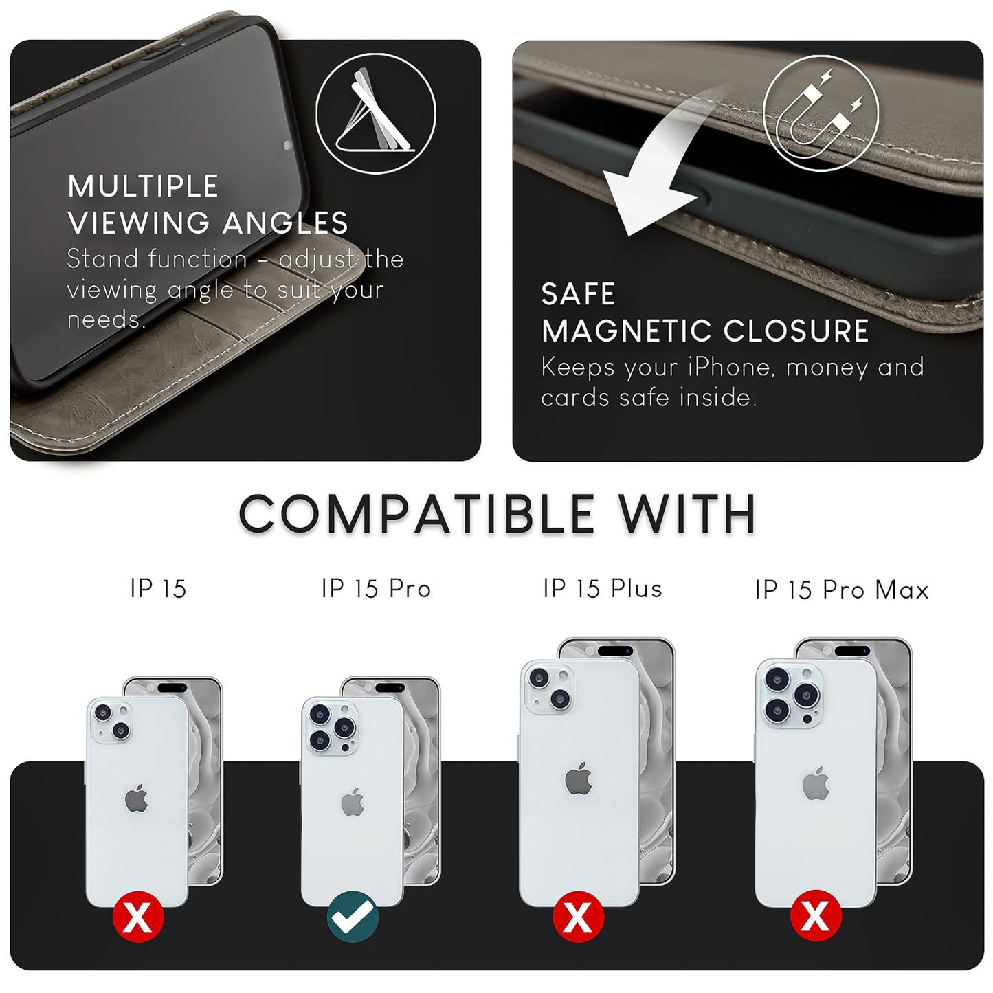 NALIA Echt-Leder Flipcase für iPhone 15 Pro Hülle, Rindsleder Schutzhülle RFID-Schutz Lederhülle Aufstellbar