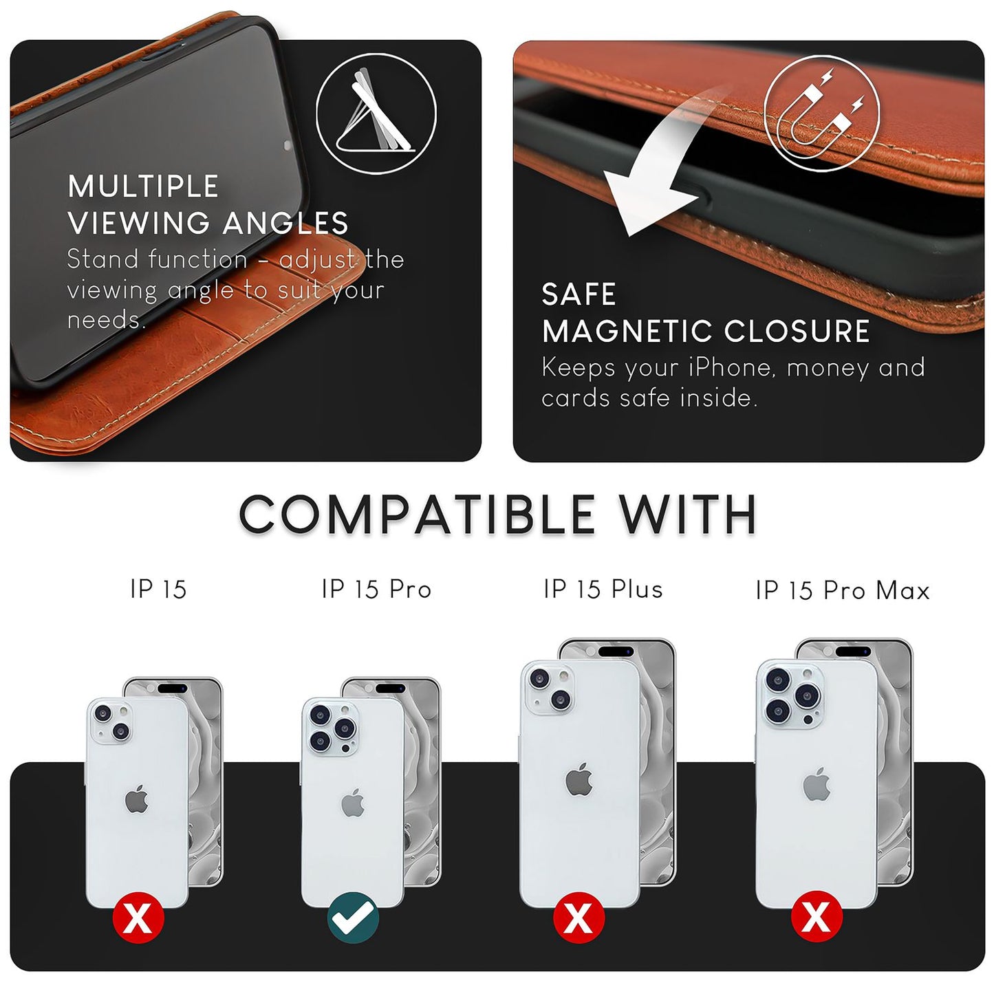 NALIA Echt-Leder Flipcase für iPhone 15 Pro Hülle, Rindsleder Schutzhülle RFID-Schutz Lederhülle Aufstellbar