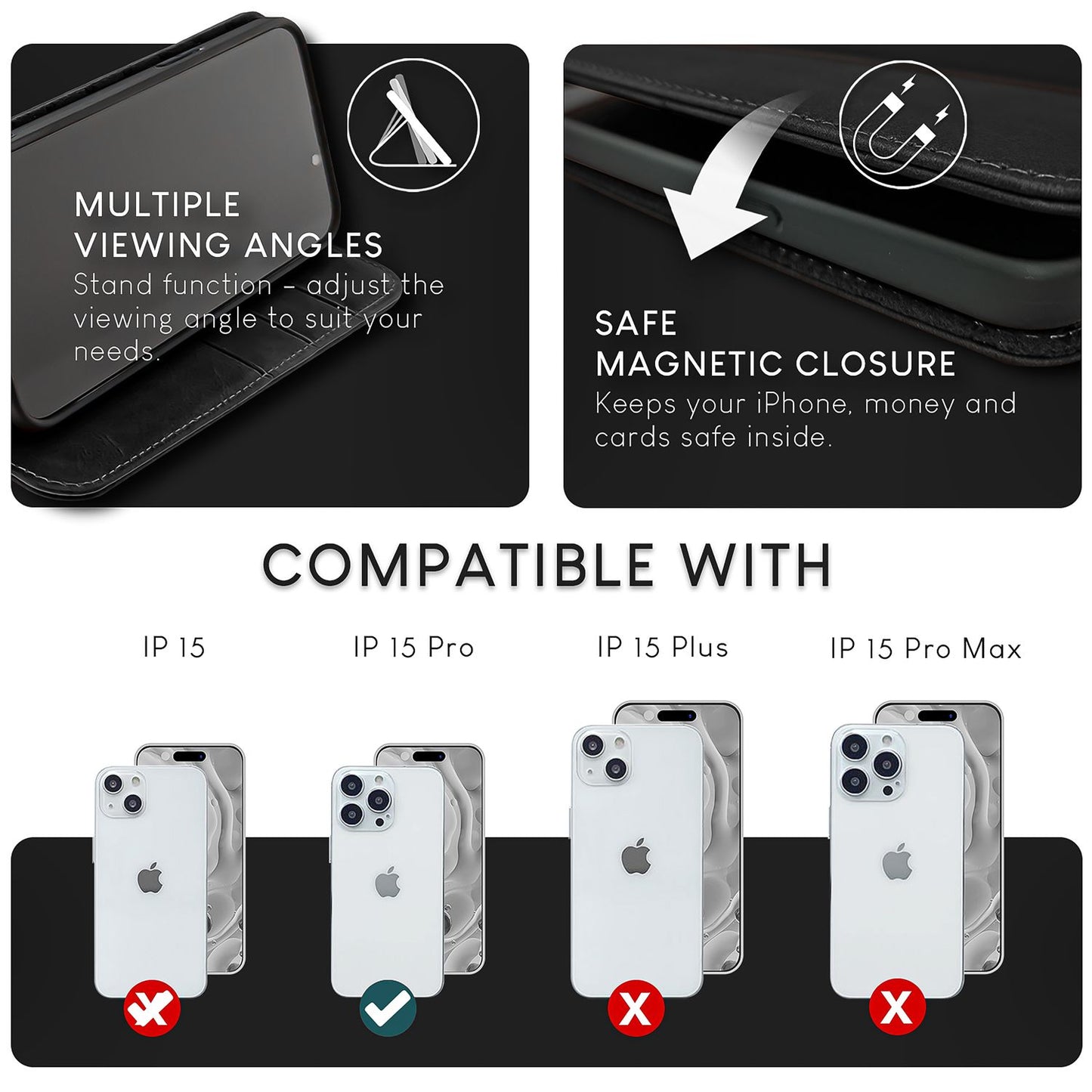 NALIA Echt-Leder Flipcase für iPhone 15 Pro Hülle, Rindsleder Schutzhülle RFID-Schutz Lederhülle Aufstellbar