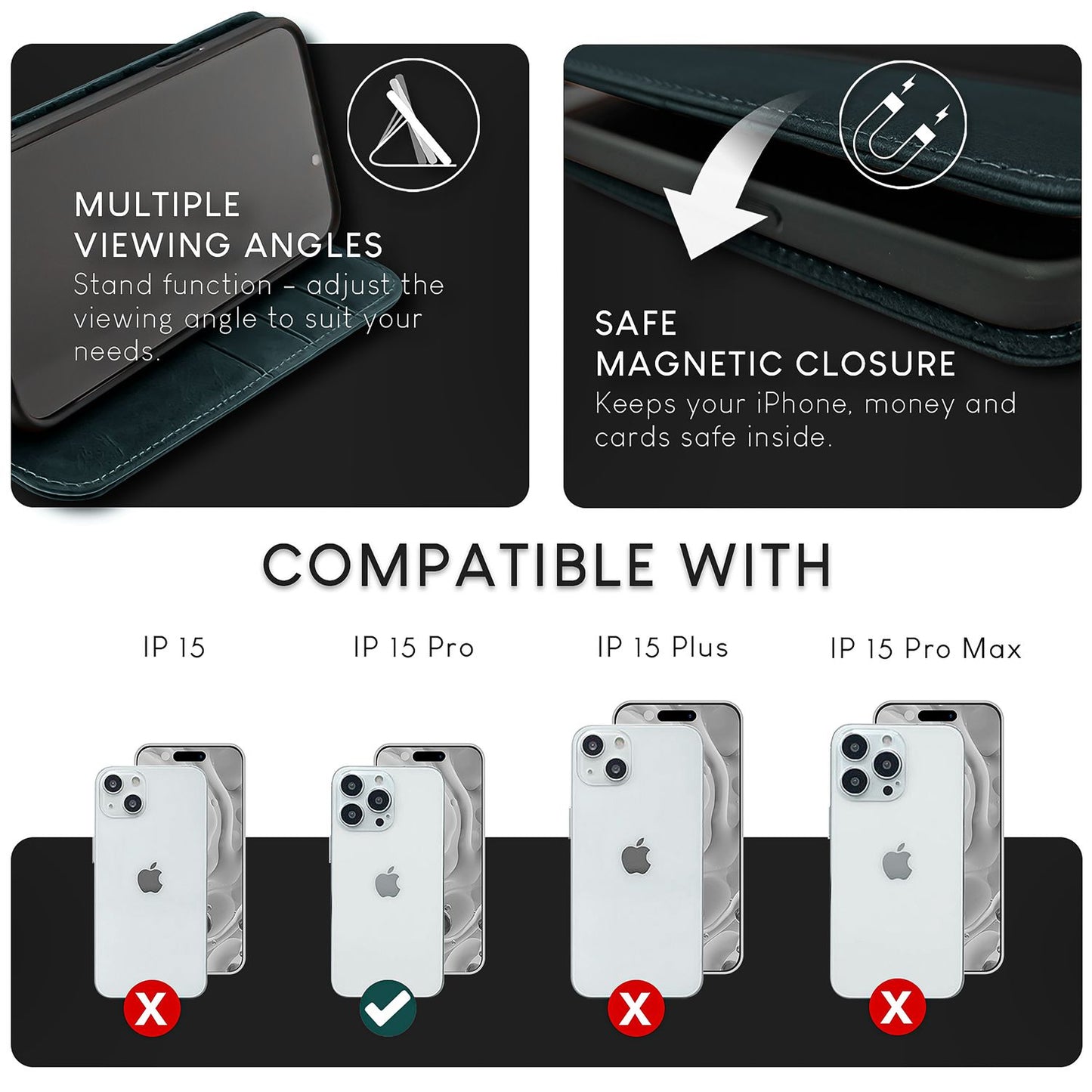 NALIA Echt-Leder Flipcase für iPhone 15 Pro Hülle, Rindsleder Schutzhülle RFID-Schutz Lederhülle Aufstellbar