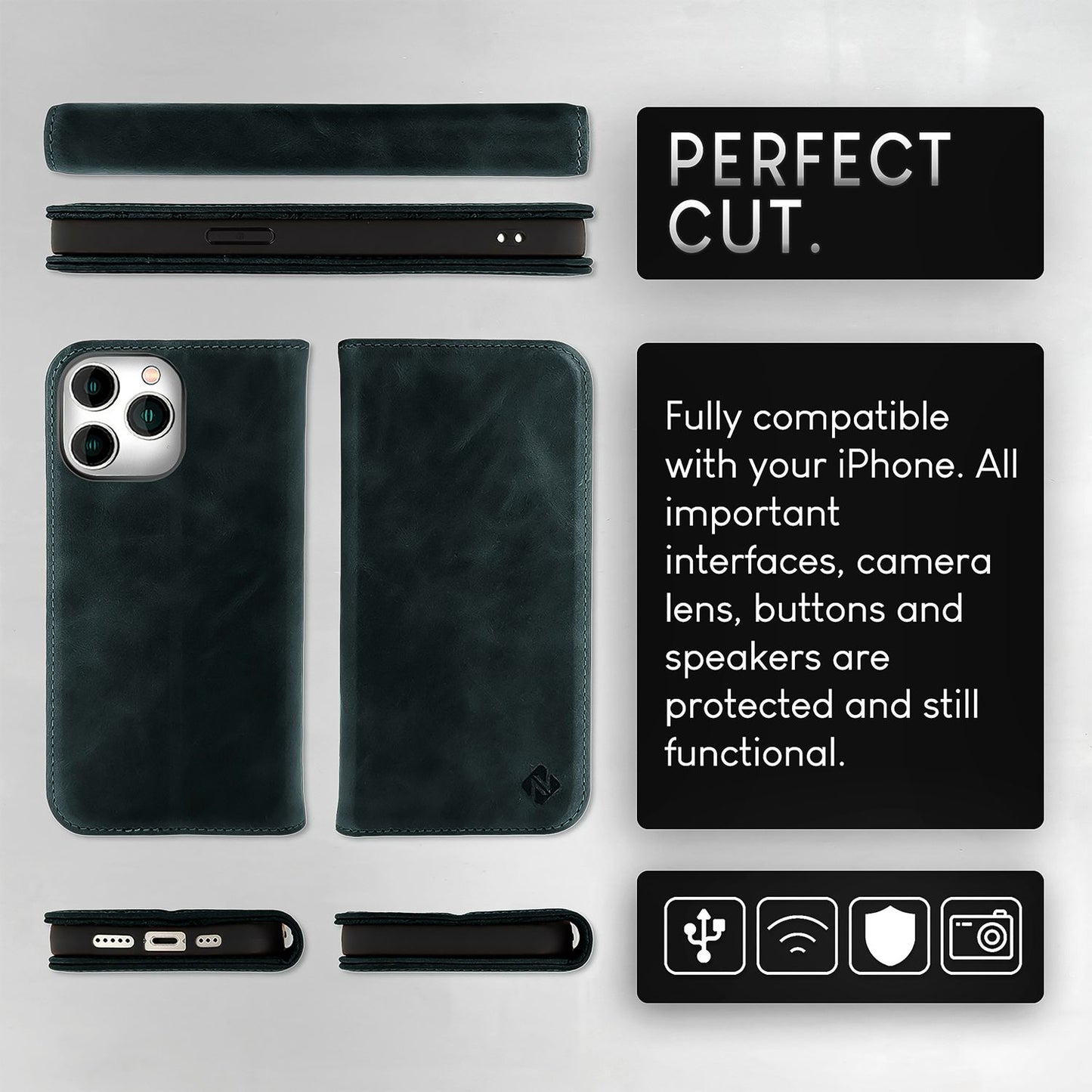 NALIA Echt-Leder Flipcase für iPhone 15 Pro Hülle, Rindsleder Schutzhülle RFID-Schutz Lederhülle Aufstellbar