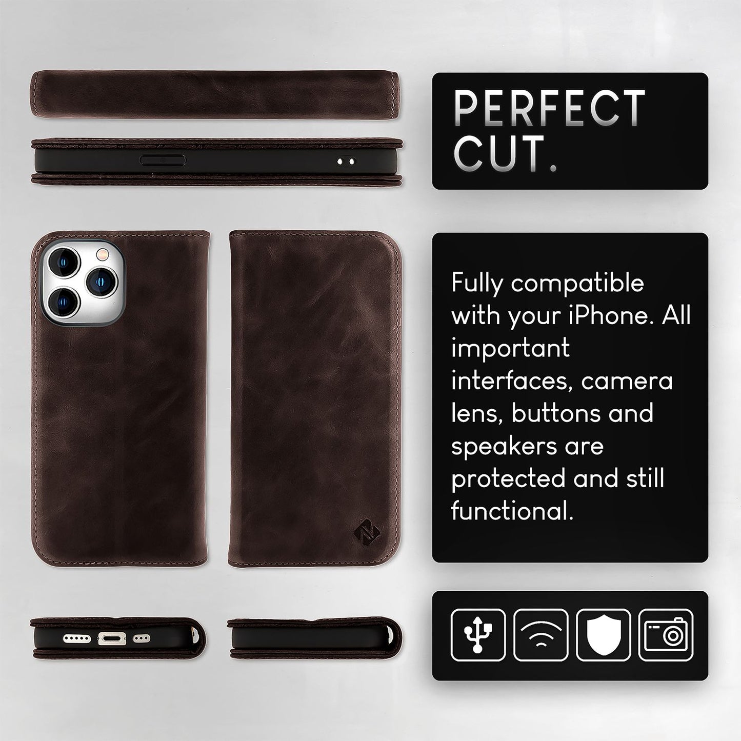 NALIA Echt-Leder Flipcase für iPhone 15 Pro Max Hülle, Rindsleder Schutzhülle RFID-Schutz Lederhülle Wallet