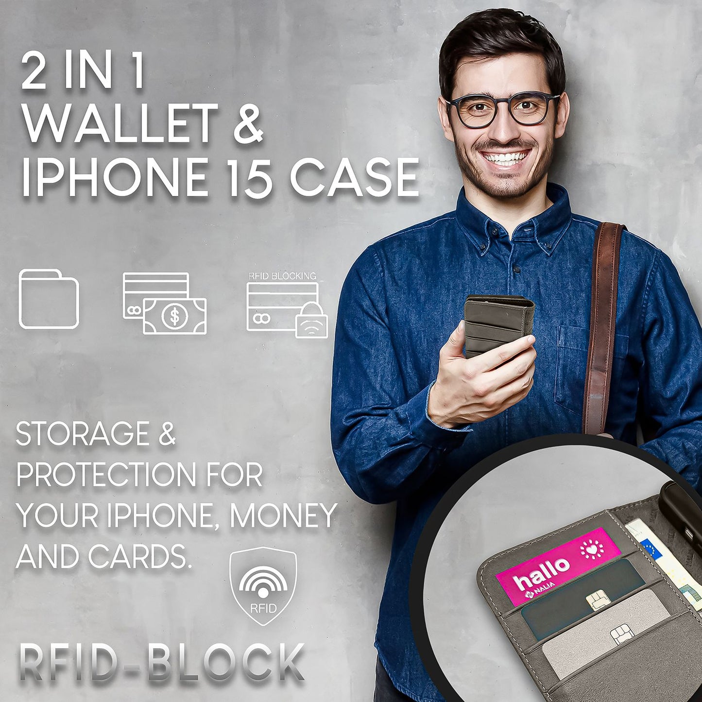 NALIA Echt-Leder Flipcase für iPhone 15 Pro Max Hülle, Rindsleder Schutzhülle RFID-Schutz Lederhülle Wallet
