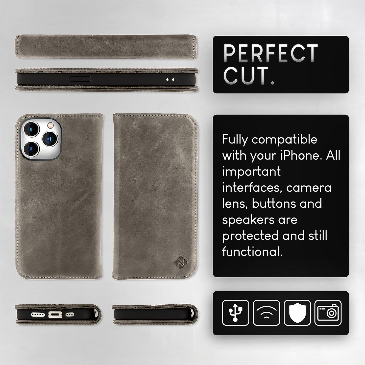 NALIA Echt-Leder Flipcase für iPhone 15 Pro Max Hülle, Rindsleder Schutzhülle RFID-Schutz Lederhülle Wallet