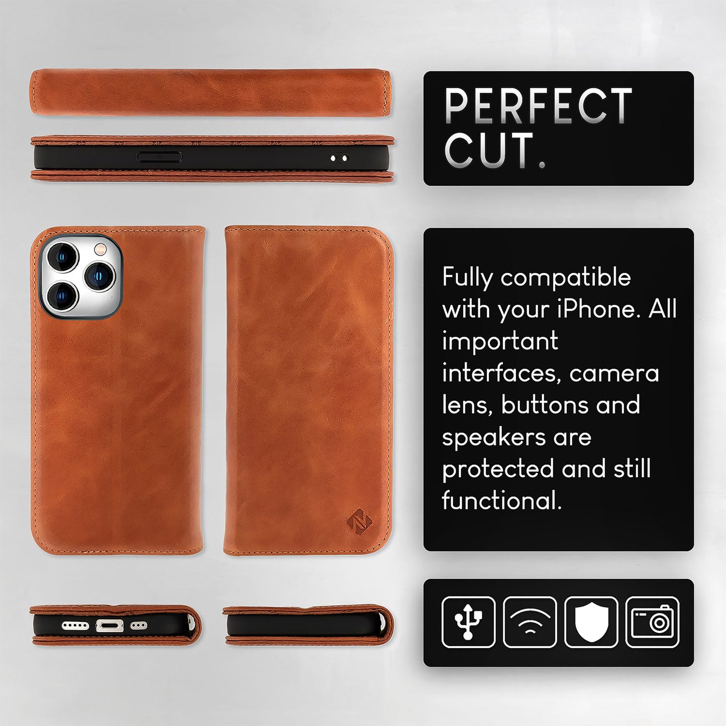 NALIA Echt-Leder Flipcase für iPhone 15 Pro Max Hülle, Rindsleder Schutzhülle RFID-Schutz Lederhülle Wallet