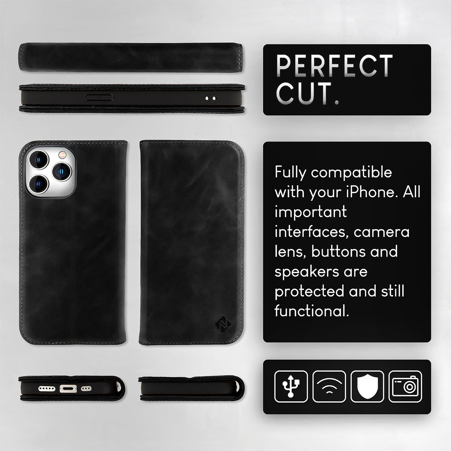 NALIA Echt-Leder Flipcase für iPhone 15 Pro Max Hülle, Rindsleder Schutzhülle RFID-Schutz Lederhülle Wallet