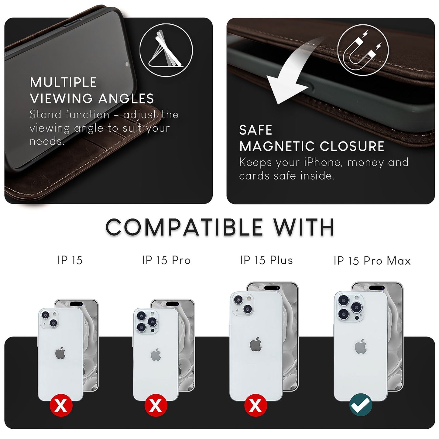 NALIA Echt-Leder Flipcase für iPhone 15 Pro Max Hülle, Rindsleder Schutzhülle RFID-Schutz Lederhülle Wallet