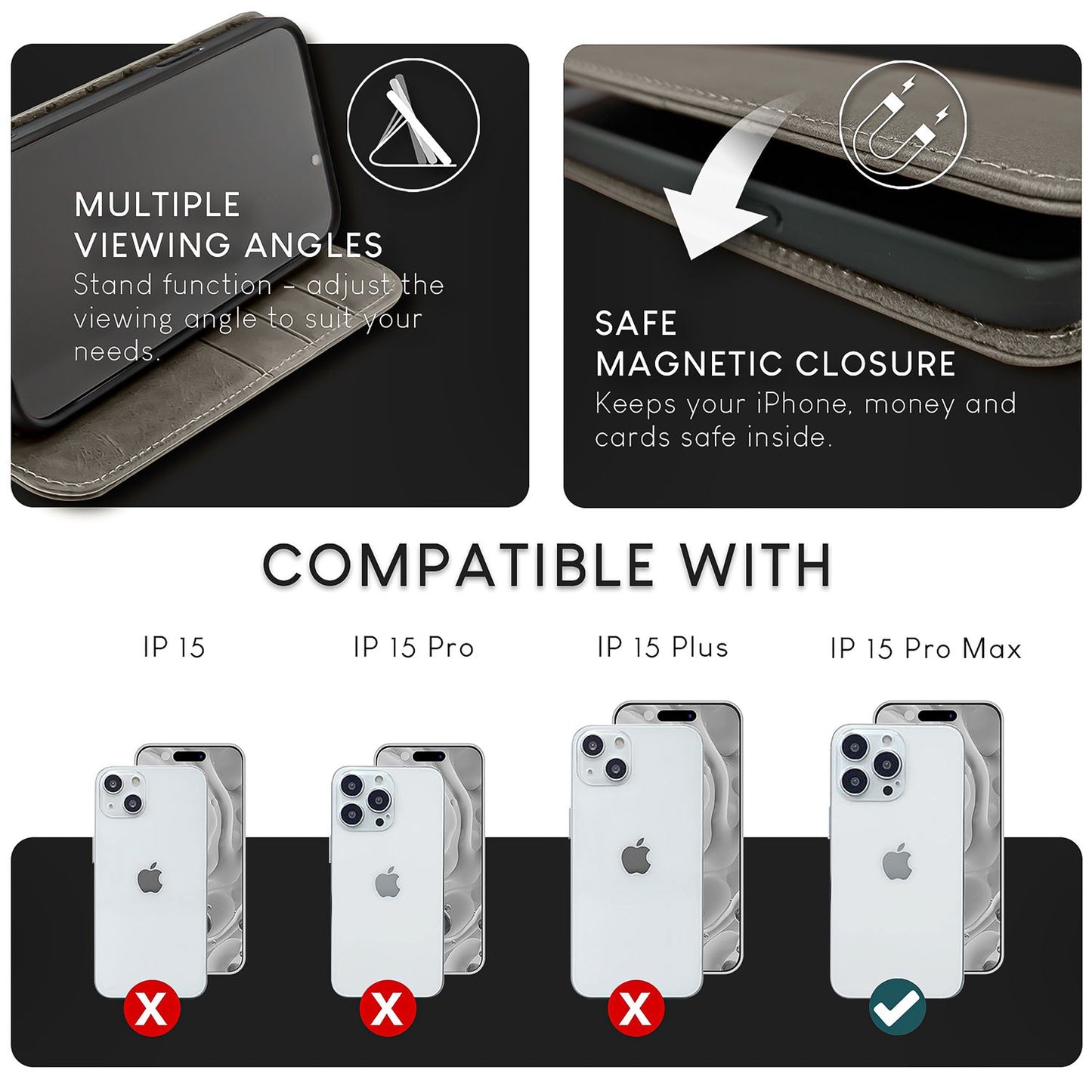 NALIA Echt-Leder Flipcase für iPhone 15 Pro Max Hülle, Rindsleder Schutzhülle RFID-Schutz Lederhülle Wallet