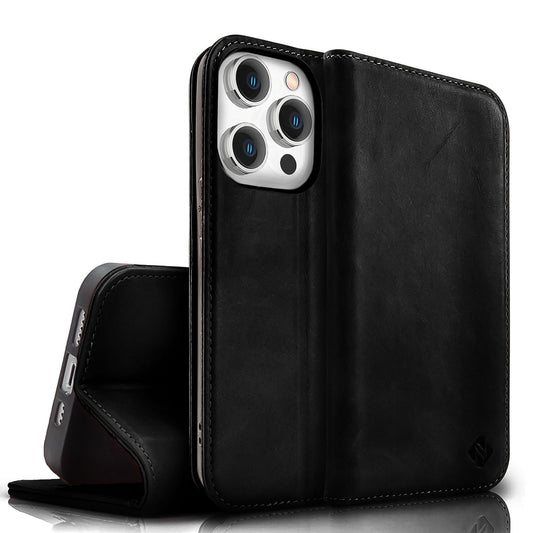 NALIA Genuine Leather Flip Case for iPhone 15 Pro Max, Cowhide Leather Protective Case with RFID Protection, Leather Wallet Case