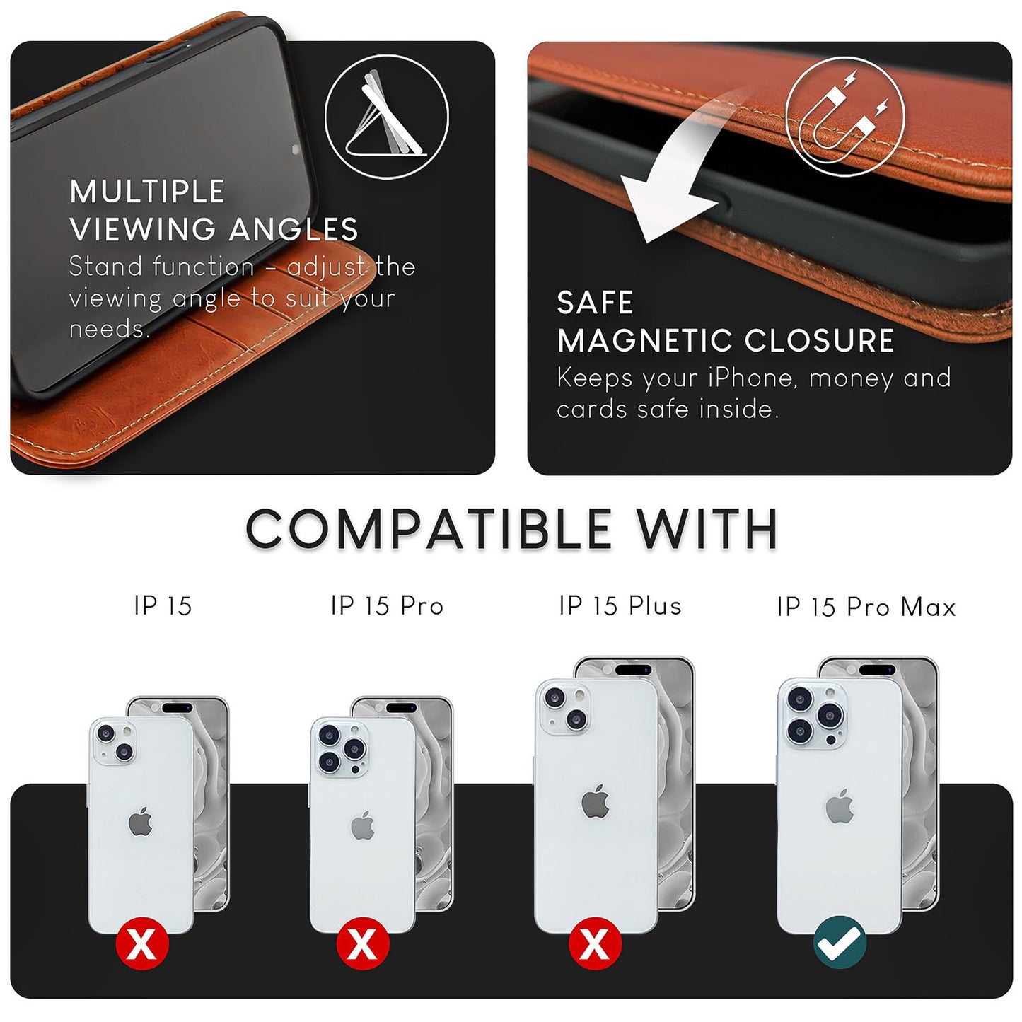 NALIA Echt-Leder Flipcase für iPhone 15 Pro Max Hülle, Rindsleder Schutzhülle RFID-Schutz Lederhülle Wallet