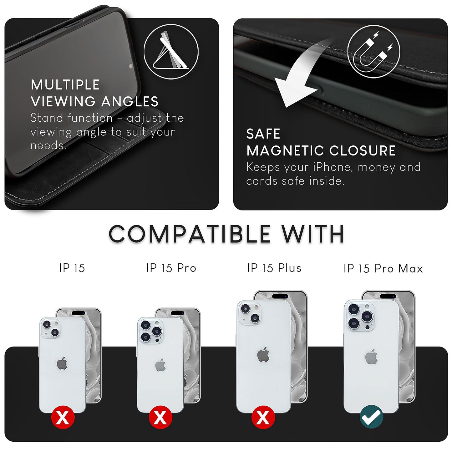 NALIA Echt-Leder Flipcase für iPhone 15 Pro Max Hülle, Rindsleder Schutzhülle RFID-Schutz Lederhülle Wallet