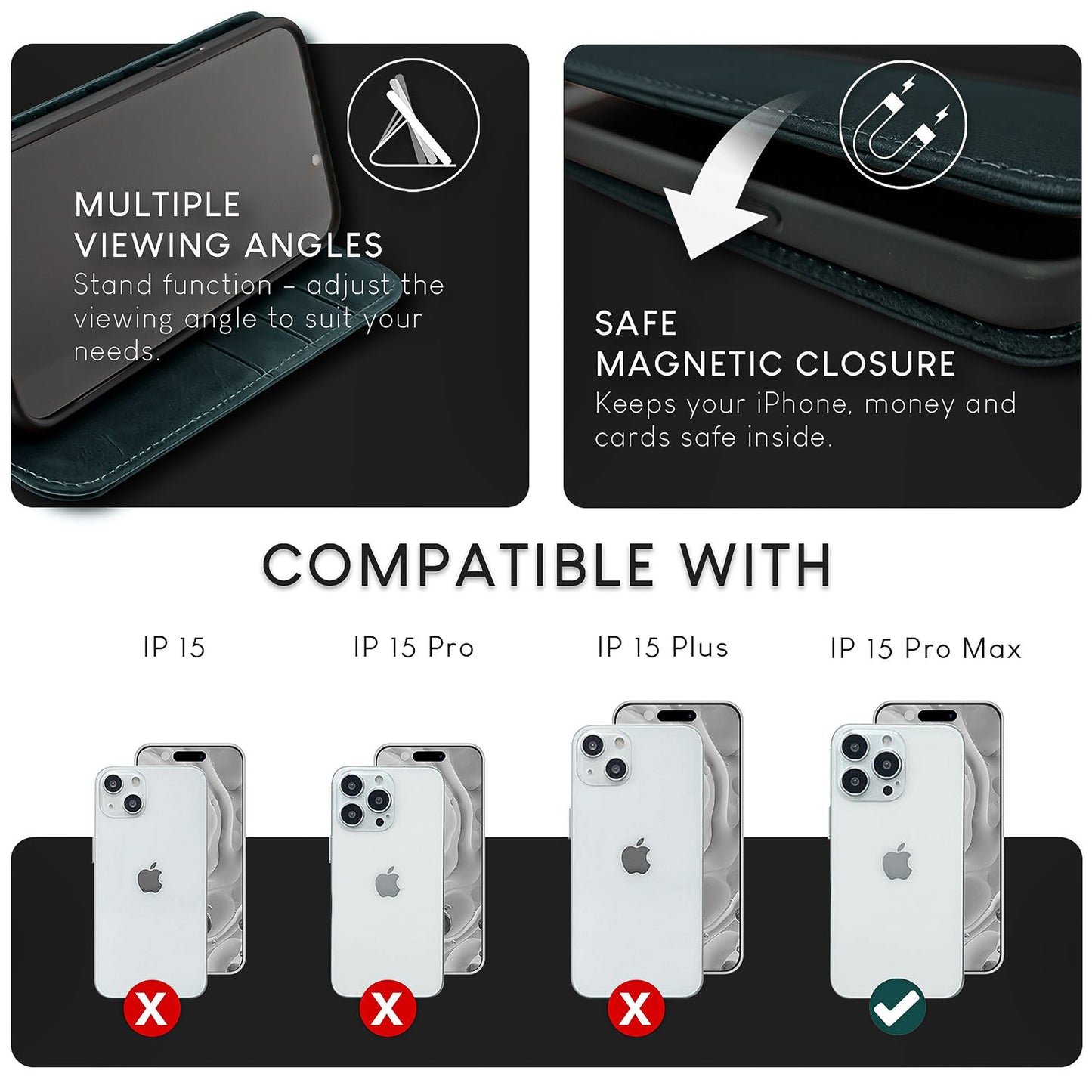 NALIA Echt-Leder Flipcase für iPhone 15 Pro Max Hülle, Rindsleder Schutzhülle RFID-Schutz Lederhülle Wallet