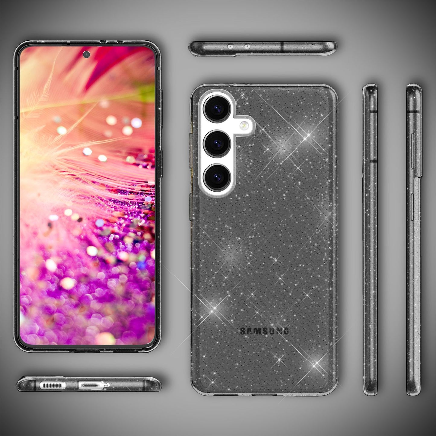 NALIA glitrandi verndarhulstur fyrir Samsung Galaxy S24 Plus, gegnsætt sílikon símahulstur með demöntum og glitrandi gljáa