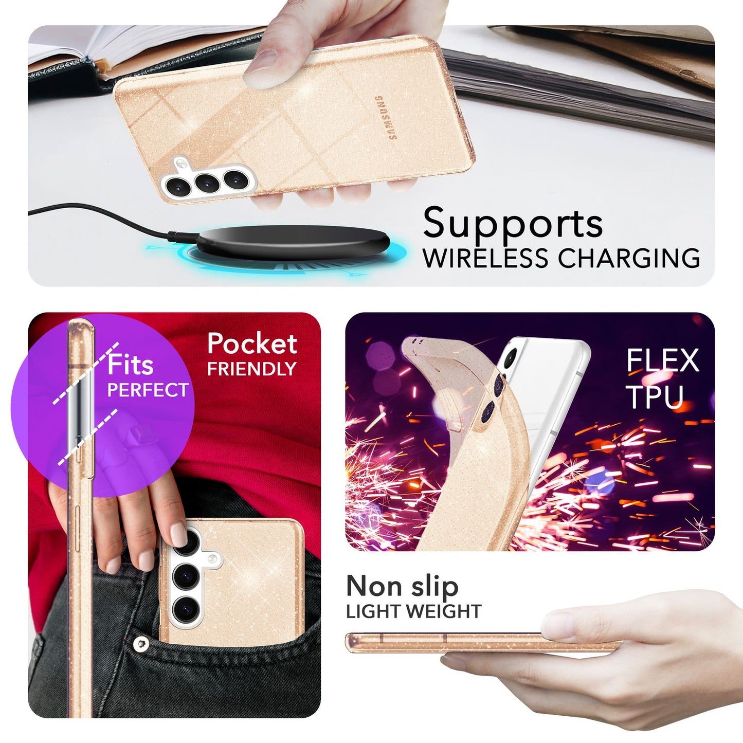 NALIA glitrandi verndarhulstur fyrir Samsung Galaxy S24 Plus, gegnsætt sílikon símahulstur með demöntum og glitrandi gljáa