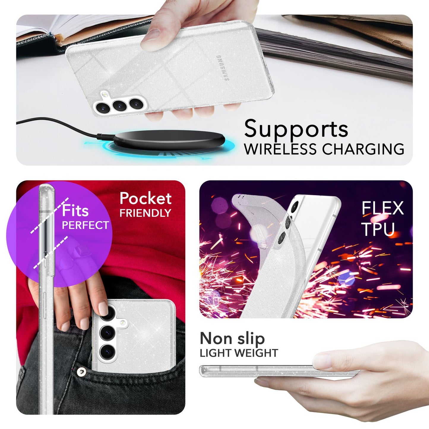 NALIA glitrandi verndarhulstur fyrir Samsung Galaxy S24 Plus, gegnsætt sílikon símahulstur með demöntum og glitrandi gljáa