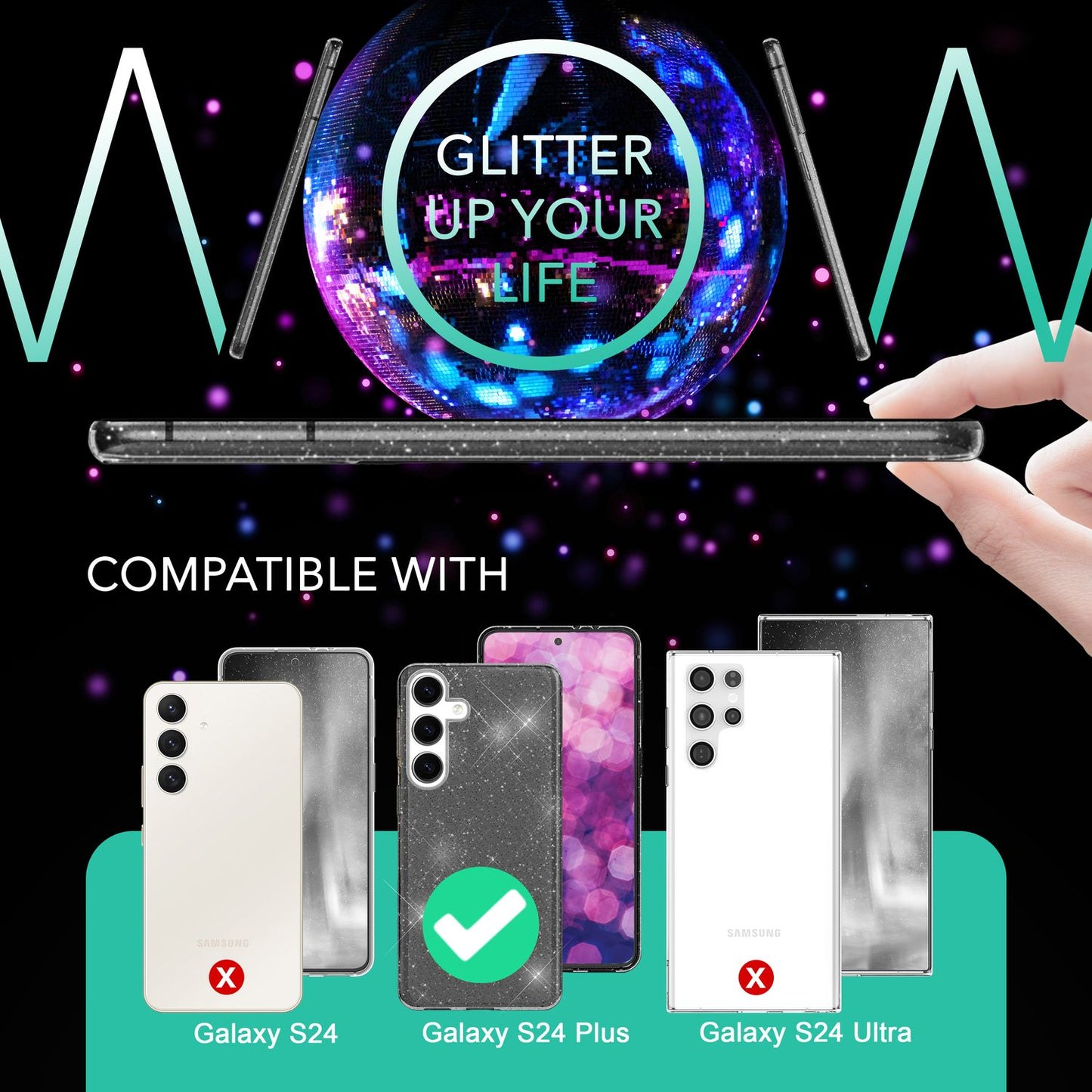 NALIA glitrandi verndarhulstur fyrir Samsung Galaxy S24 Plus, gegnsætt sílikon símahulstur með demöntum og glitrandi gljáa