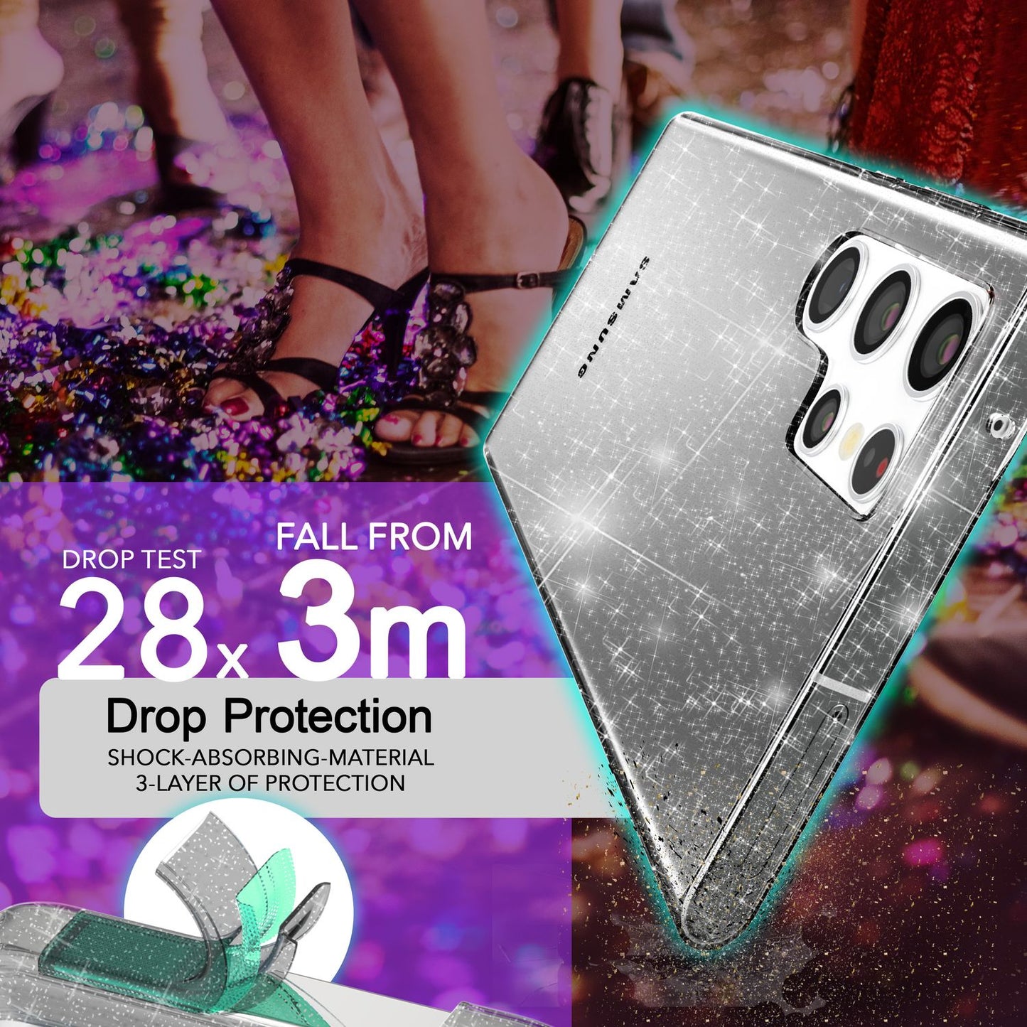 NALIA glitrandi verndarhulstur fyrir Samsung Galaxy S24 Ultra, gegnsætt sílikon símahulstur með demöntum og glitrandi gljáa