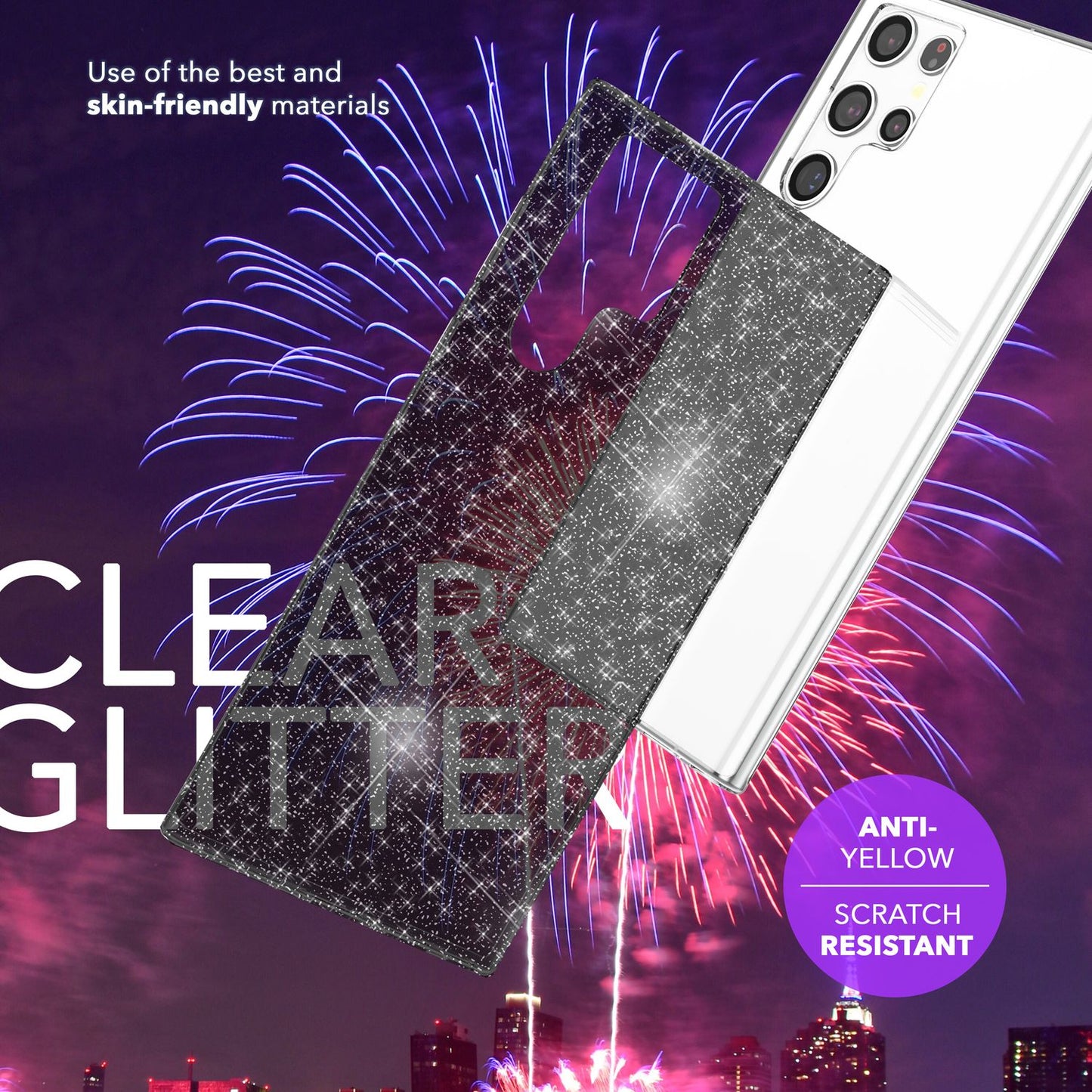 NALIA glitrandi verndarhulstur fyrir Samsung Galaxy S24 Ultra, gegnsætt sílikon símahulstur með demöntum og glitrandi gljáa