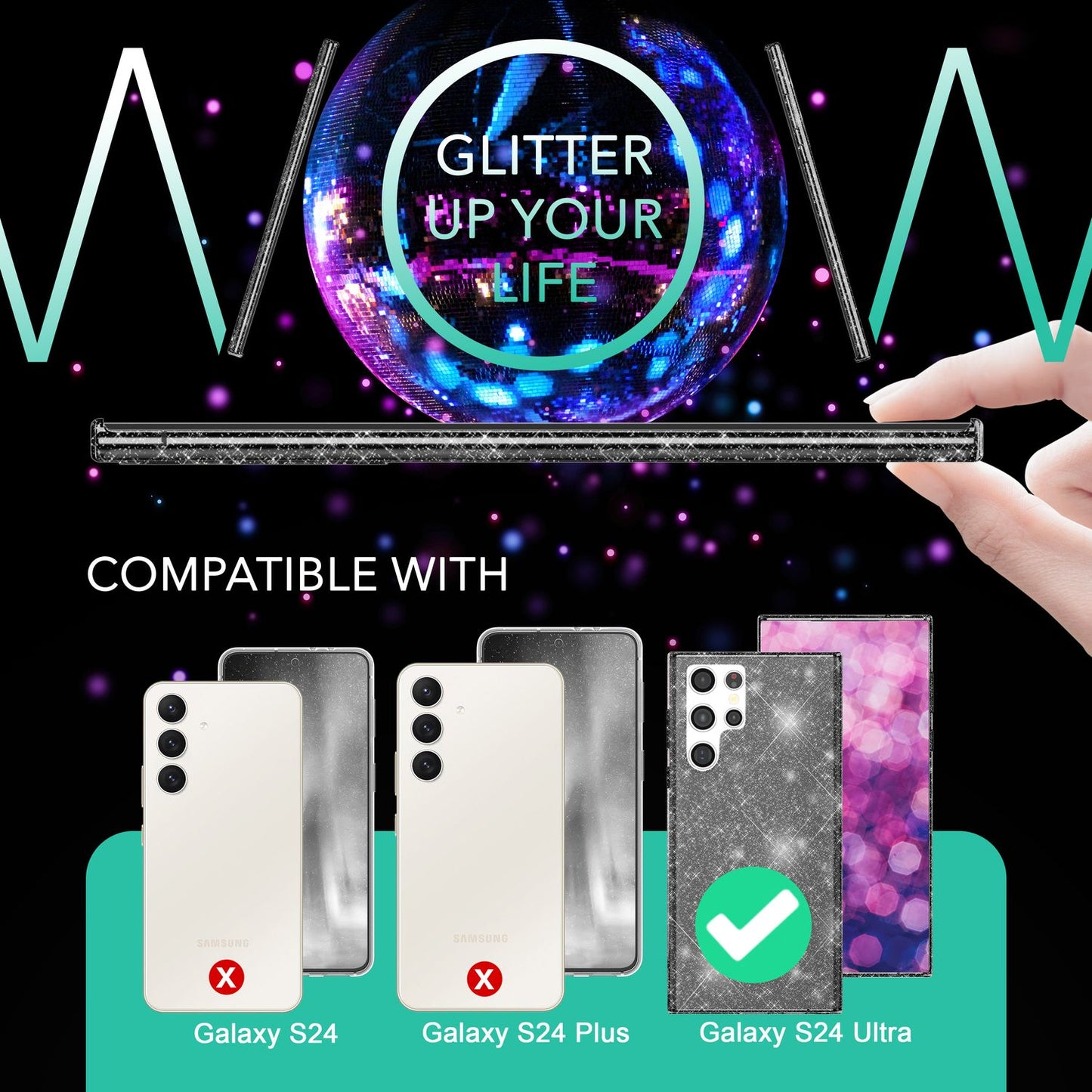 NALIA glitrandi verndarhulstur fyrir Samsung Galaxy S24 Ultra, gegnsætt sílikon símahulstur með demöntum og glitrandi gljáa