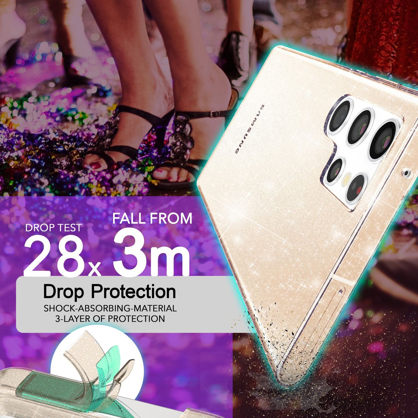 NALIA glitrandi verndarhulstur fyrir Samsung Galaxy S24 Ultra, gegnsætt sílikon símahulstur með demöntum og glitrandi gljáa