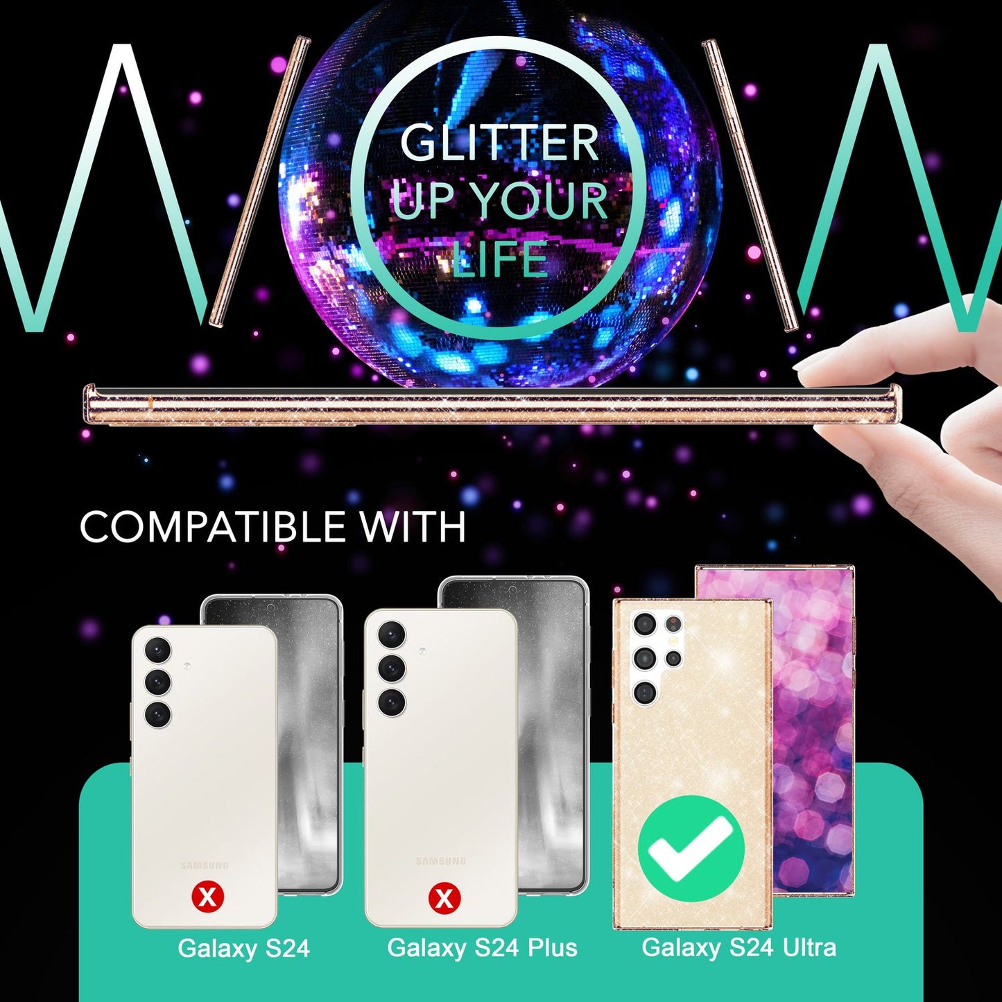 NALIA glitrandi verndarhulstur fyrir Samsung Galaxy S24 Ultra, gegnsætt sílikon símahulstur með demöntum og glitrandi gljáa