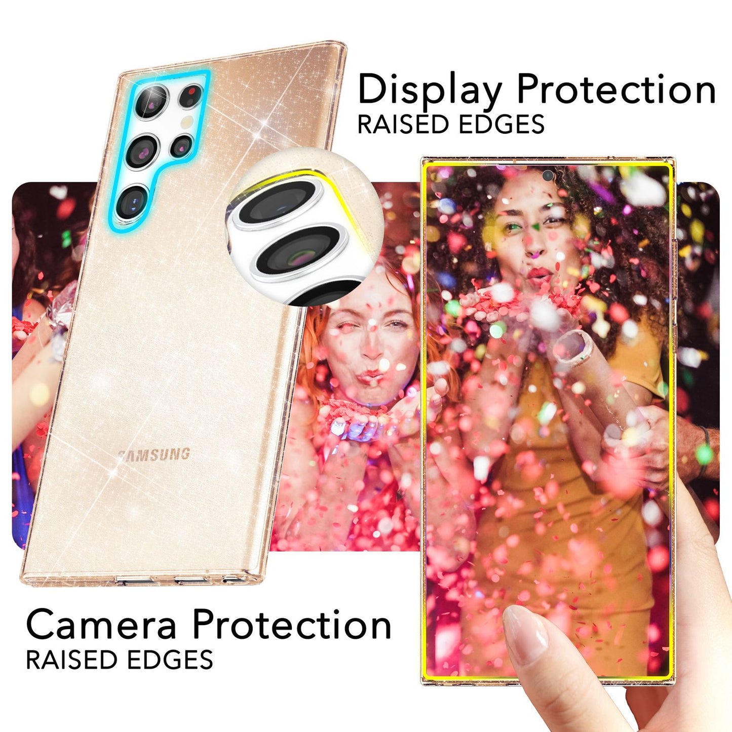 NALIA glitrandi verndarhulstur fyrir Samsung Galaxy S24 Ultra, gegnsætt sílikon símahulstur með demöntum og glitrandi gljáa