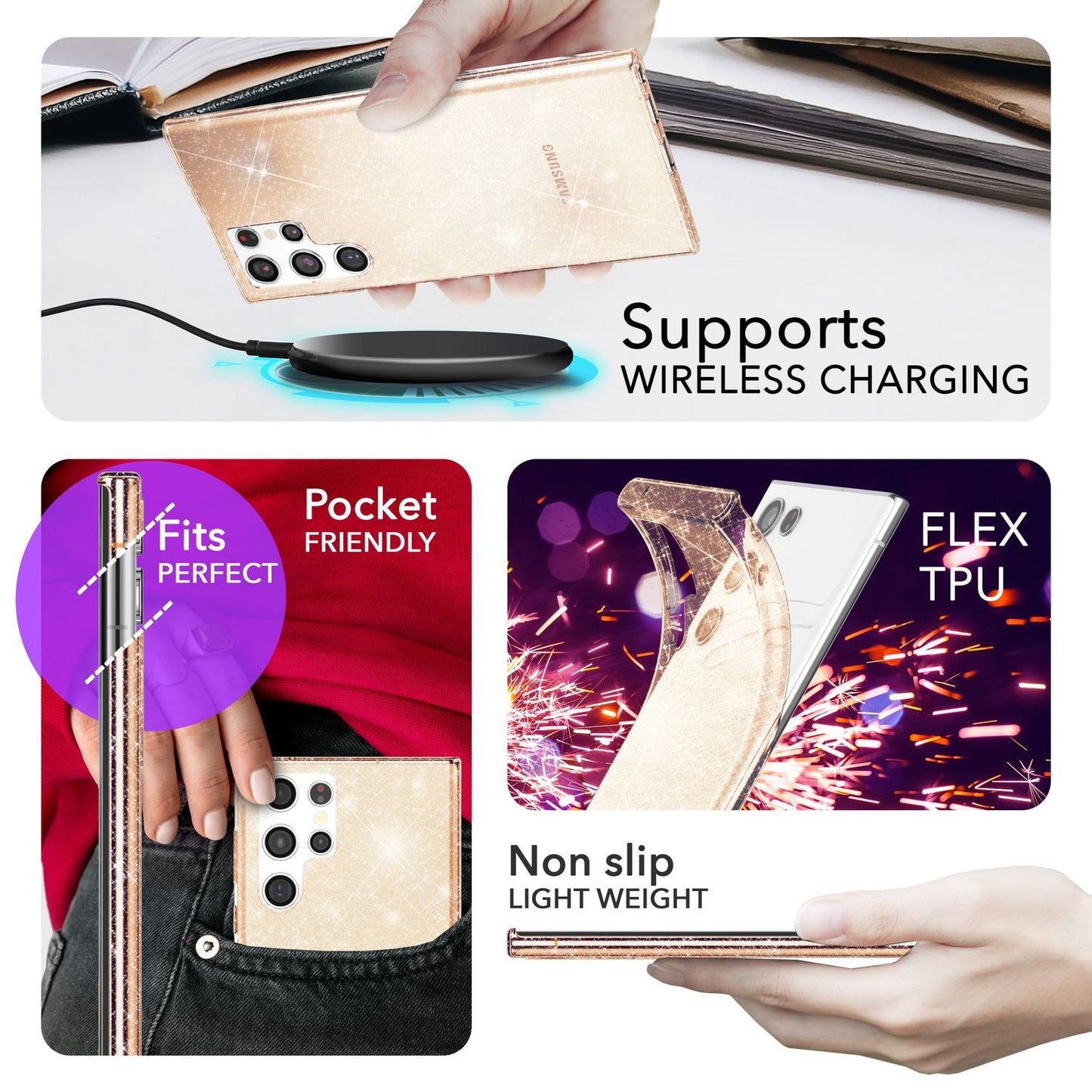 NALIA glitrandi verndarhulstur fyrir Samsung Galaxy S24 Ultra, gegnsætt sílikon símahulstur með demöntum og glitrandi gljáa