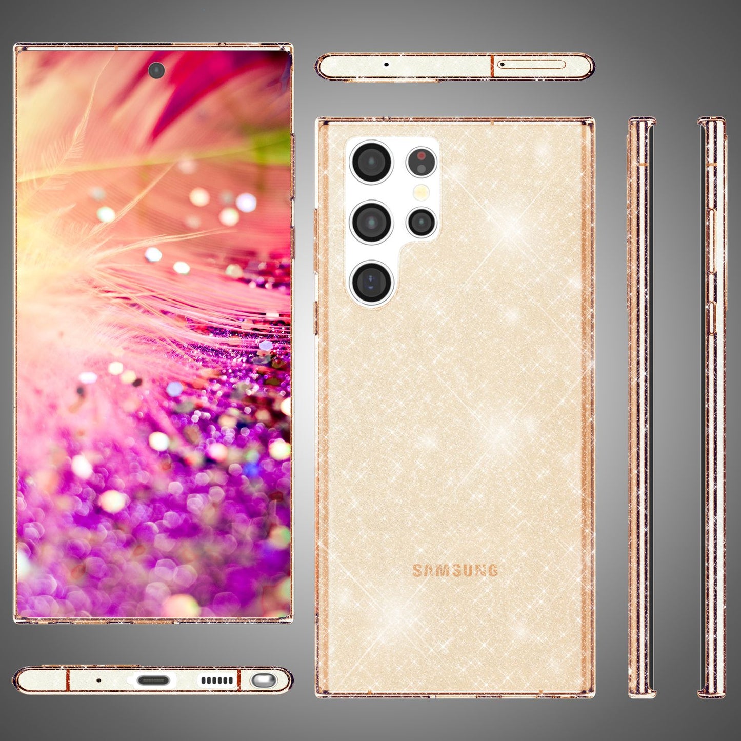 NALIA glitrandi verndarhulstur fyrir Samsung Galaxy S24 Ultra, gegnsætt sílikon símahulstur með demöntum og glitrandi gljáa