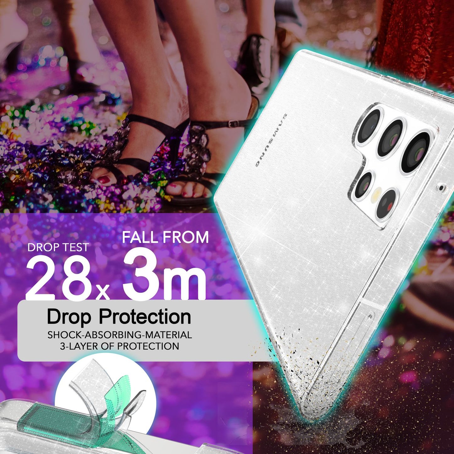 NALIA glitrandi verndarhulstur fyrir Samsung Galaxy S24 Ultra, gegnsætt sílikon símahulstur með demöntum og glitrandi gljáa